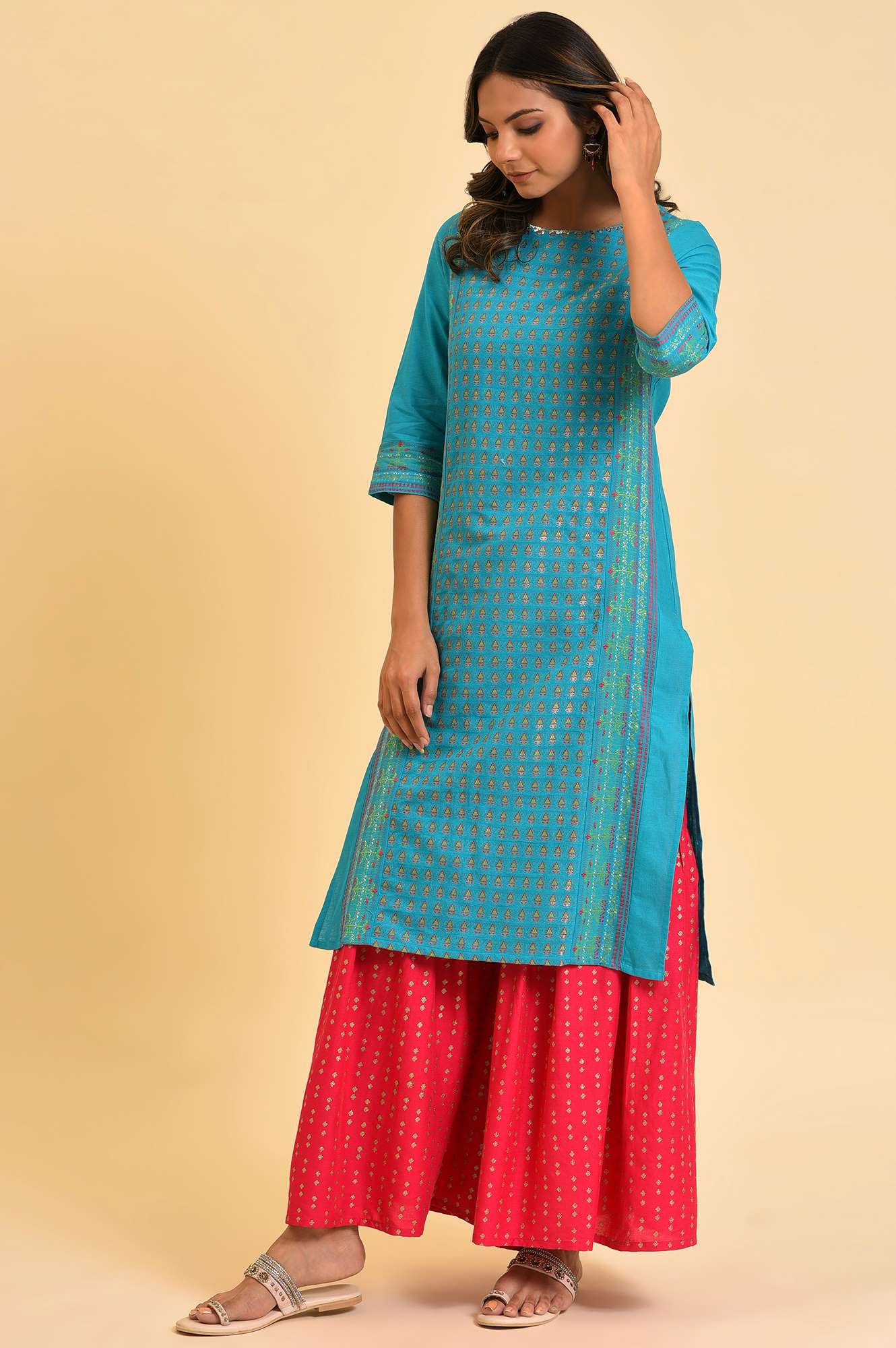 Blue Round Neck Dobby Kurta with Sequins - Image 3