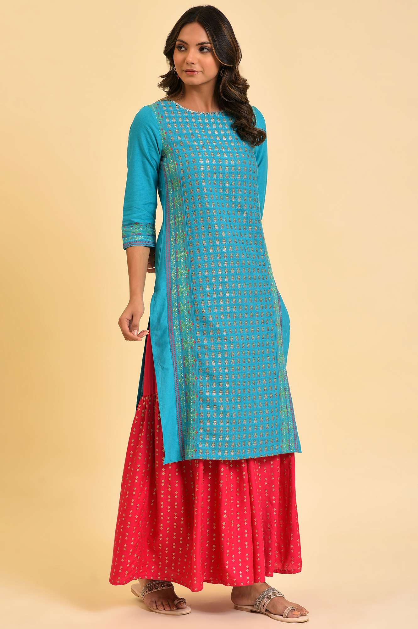 Blue Round Neck Dobby Kurta with Sequins - Image 4