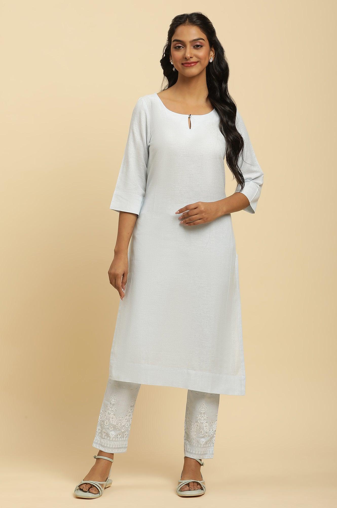 Blue Round Neck Kurta And Slim Pants Set - Image 2