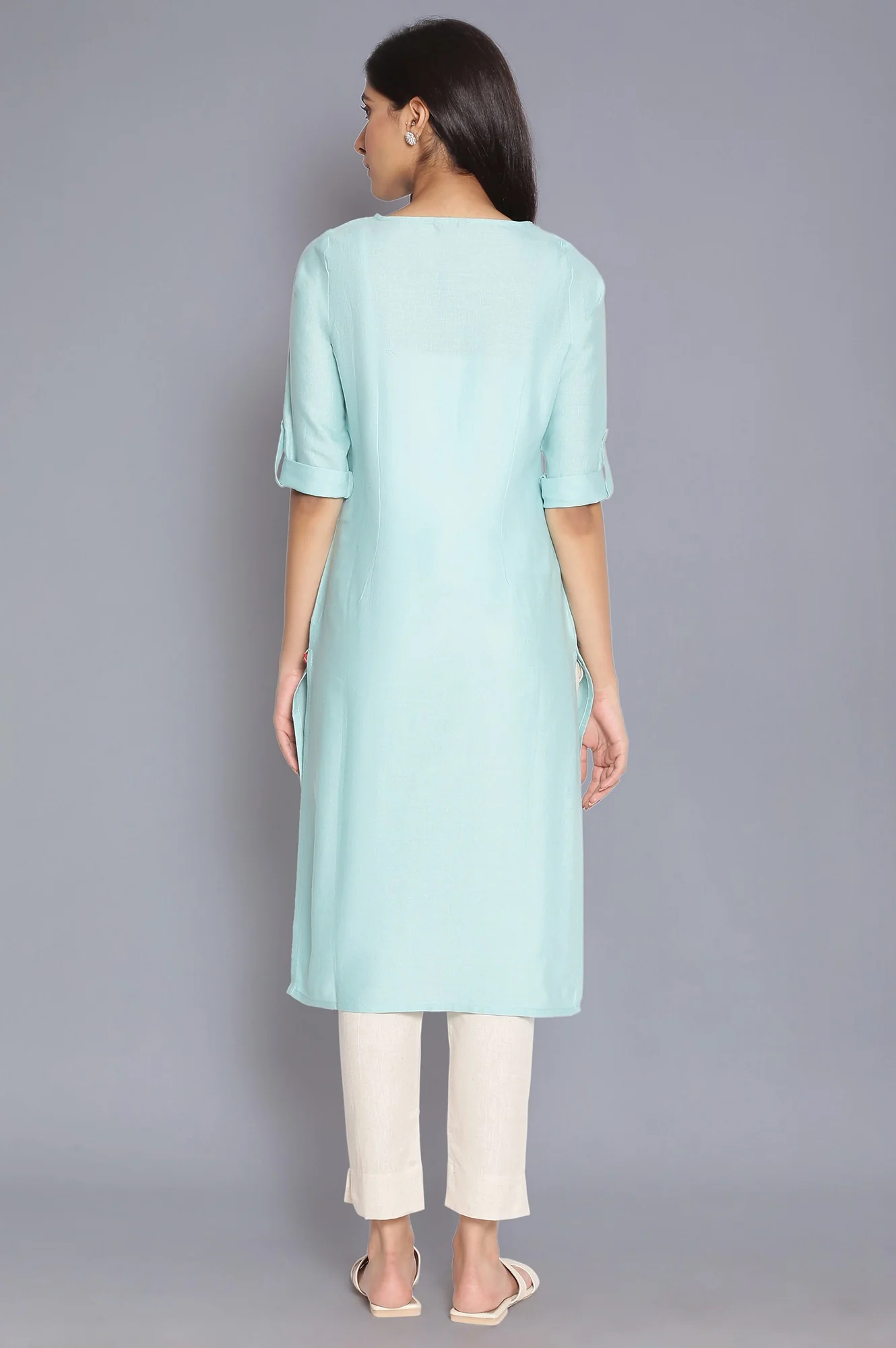 Blue Round Neck Solid kurta - Image 2