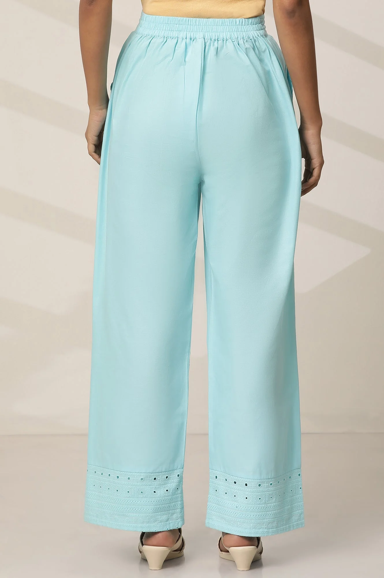 Sky Blue Embroidered Wide Leg Cotton Palazzo With Elasticated Waist - Image 4