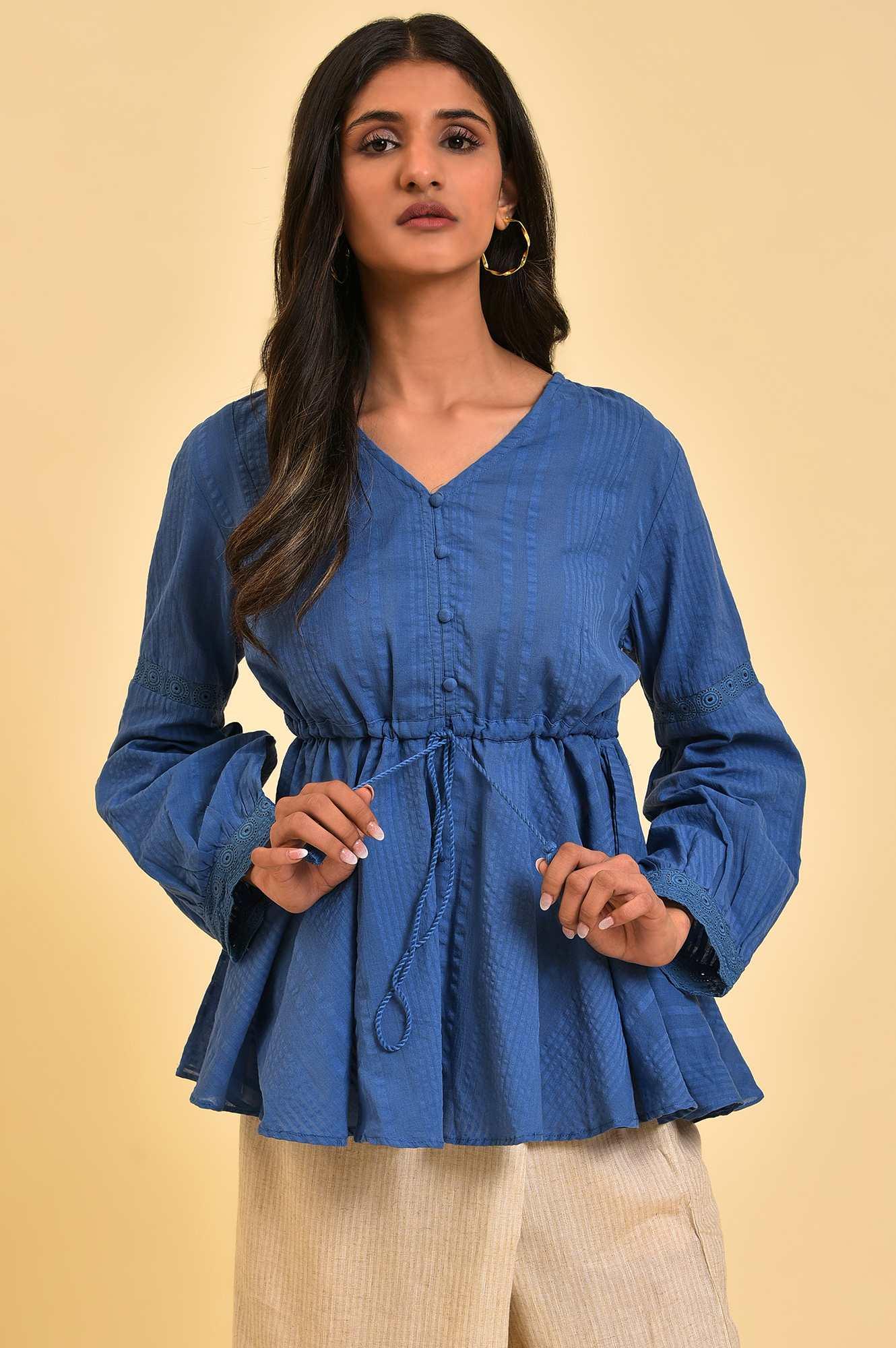 Blue Textured Cotton Western Peplum Top