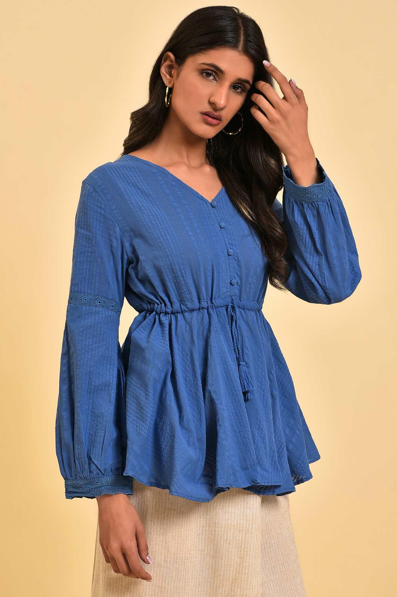 Blue Textured Cotton Western Peplum Top - Image 4