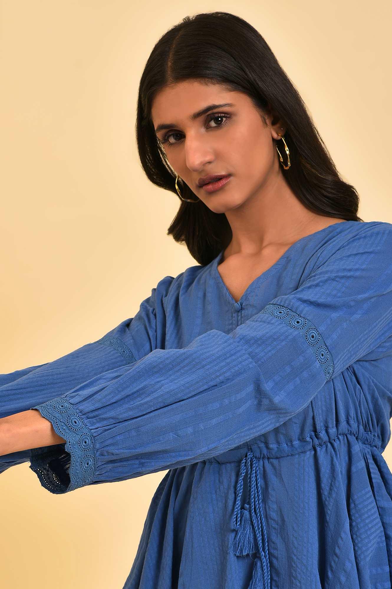 Blue Textured Cotton Western Peplum Top - Image 5