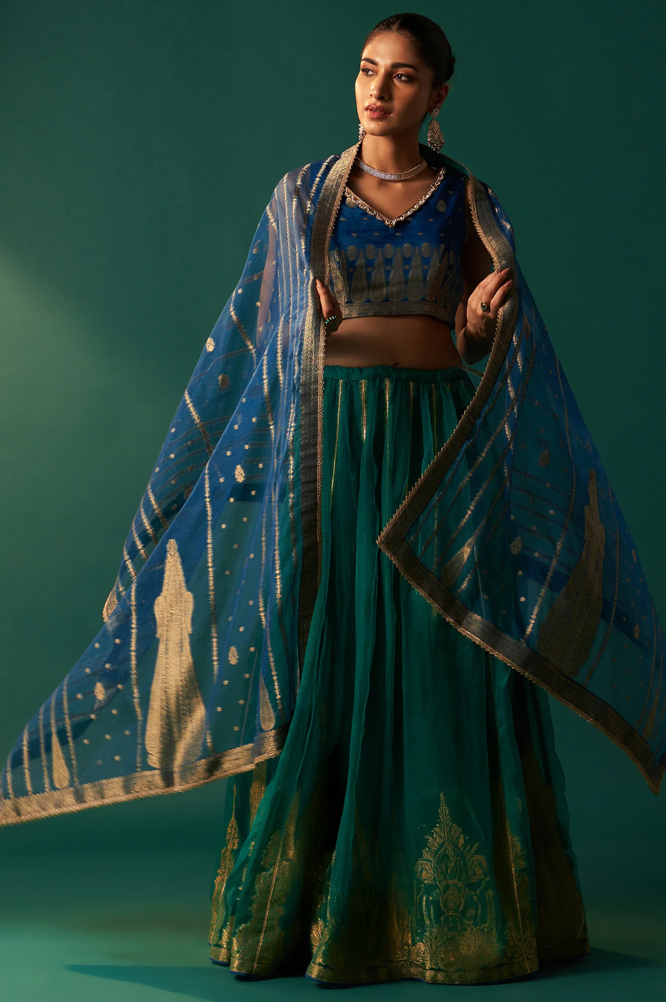 Blue Zari Embroidered Jacquard Blouse with Parrot Green Lehenga and Dupatta Set - Image 2