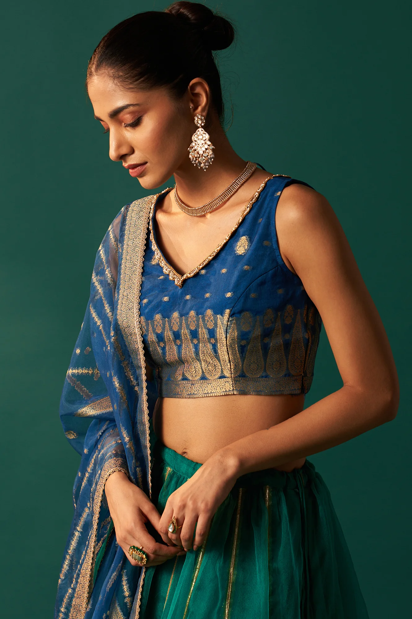 Blue Zari Embroidered Jacquard Blouse with Parrot Green Lehenga and Dupatta Set - Image 3