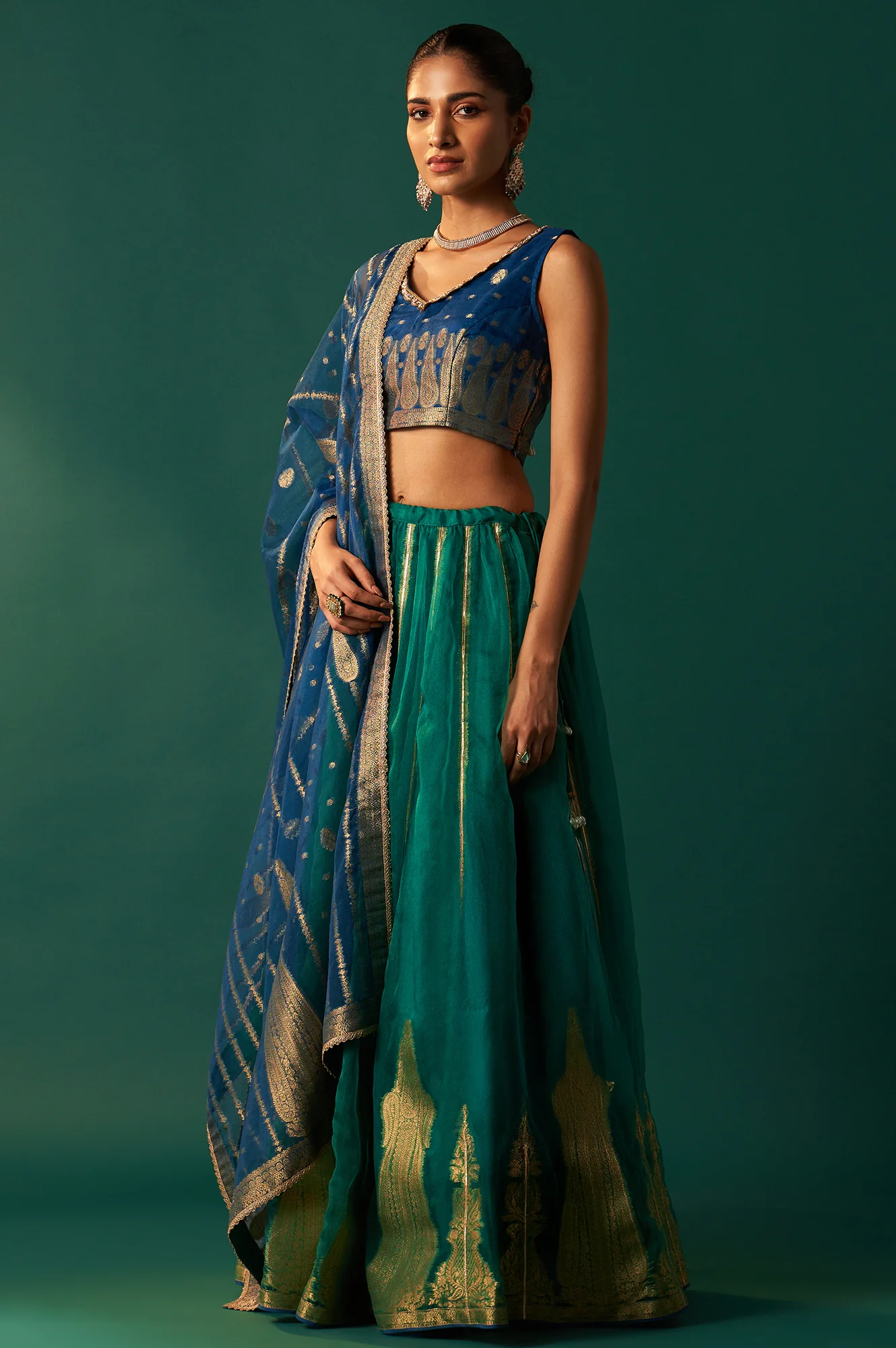 Blue Zari Embroidered Jacquard Blouse with Parrot Green Lehenga and Dupatta Set - Image 4