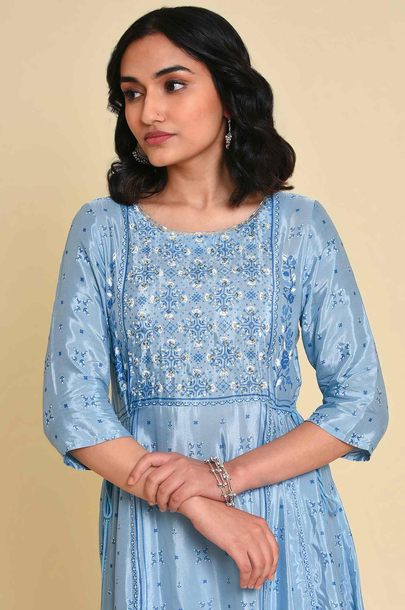 Blue Sequined Plus Size Shantung kurta - Image 5