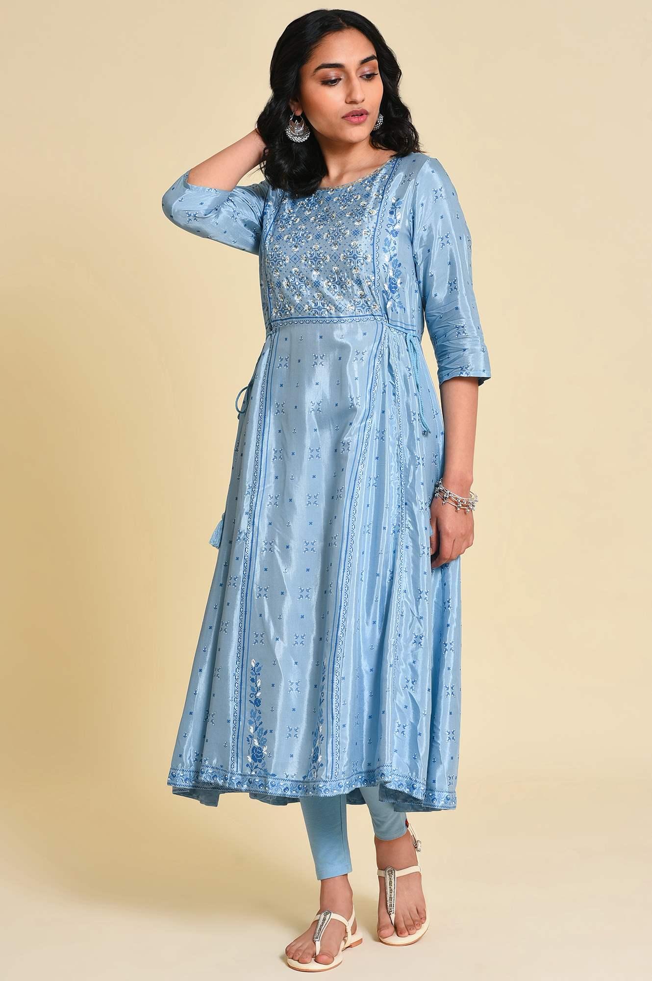 Blue Sequined Plus Size Shantung kurta - Image 6