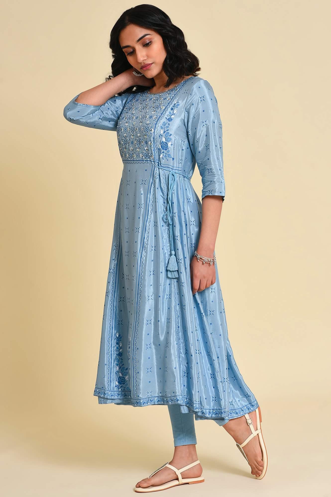 Blue Sequined Shantung kurta Set - Image 3