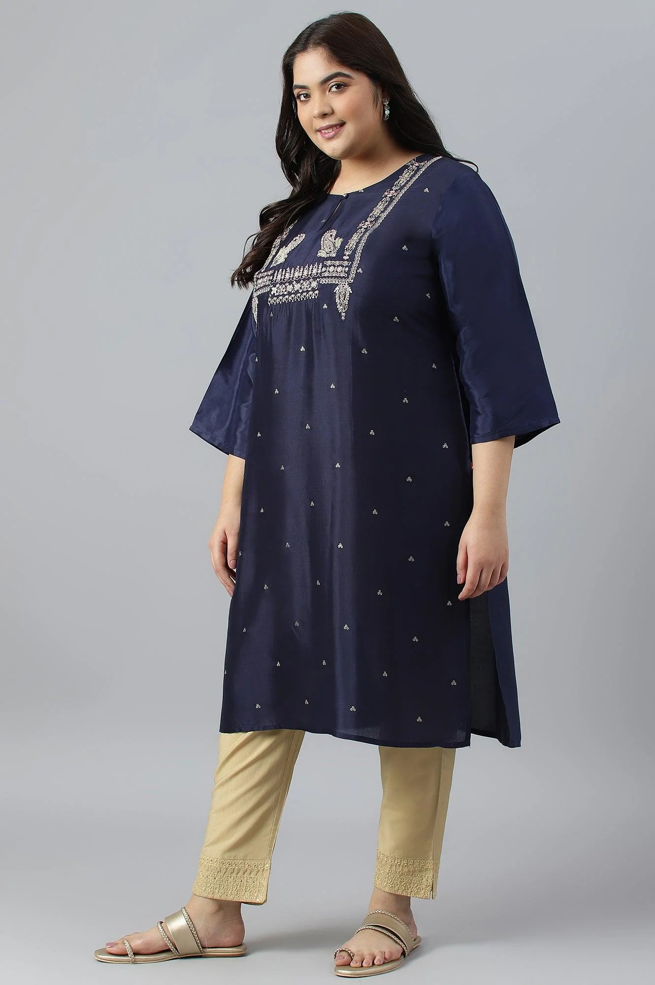 Blue Shatung Festive Plus Size kurta With Embroidery - Image 3