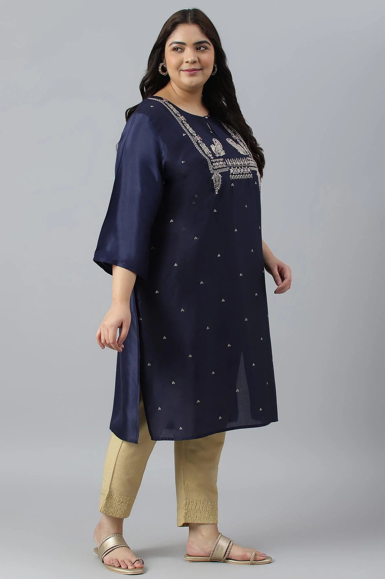 Blue Shatung Festive Plus Size kurta With Embroidery - Image 4