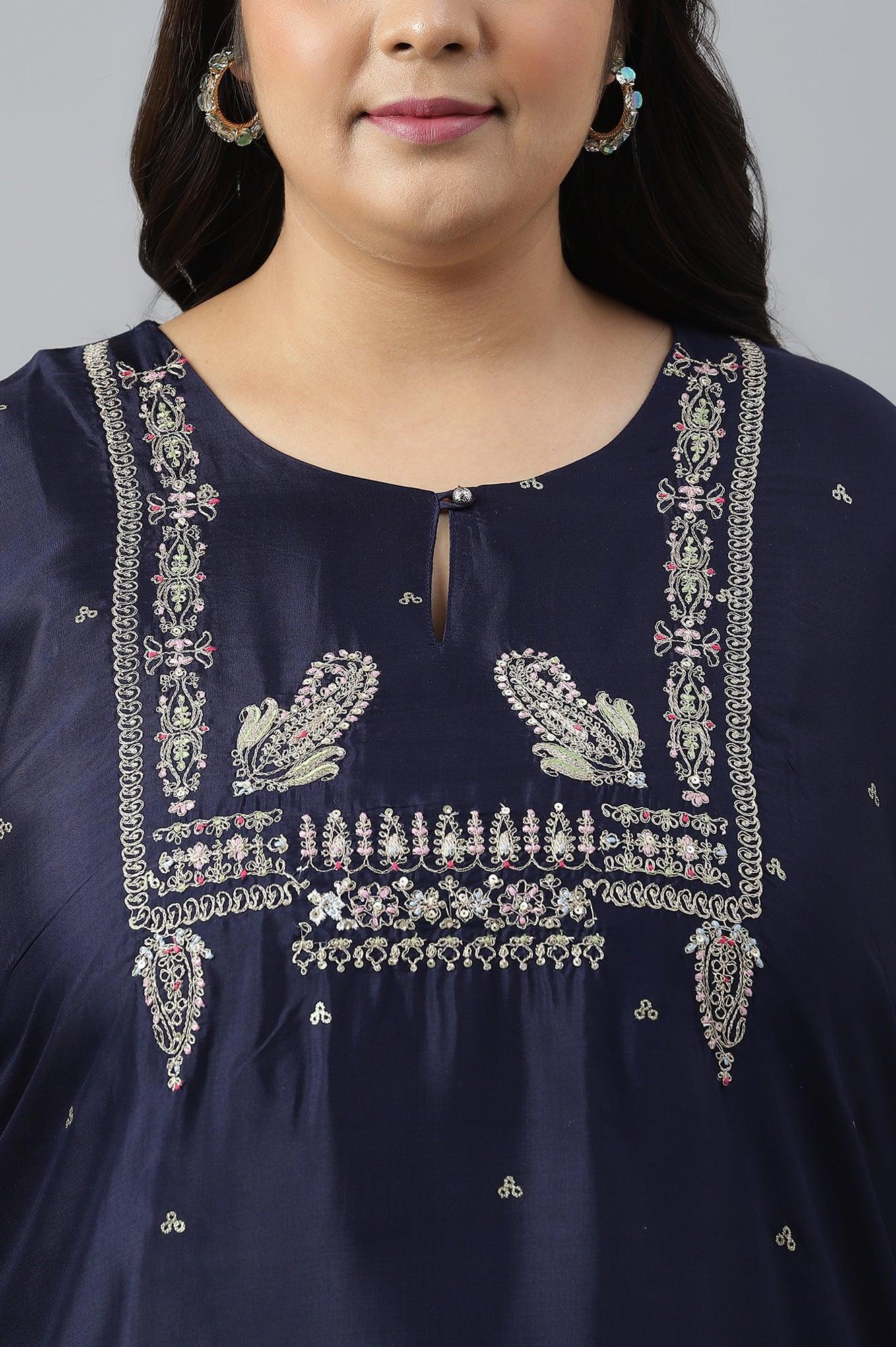 Blue Shatung Festive Plus Size kurta With Embroidery - Image 5