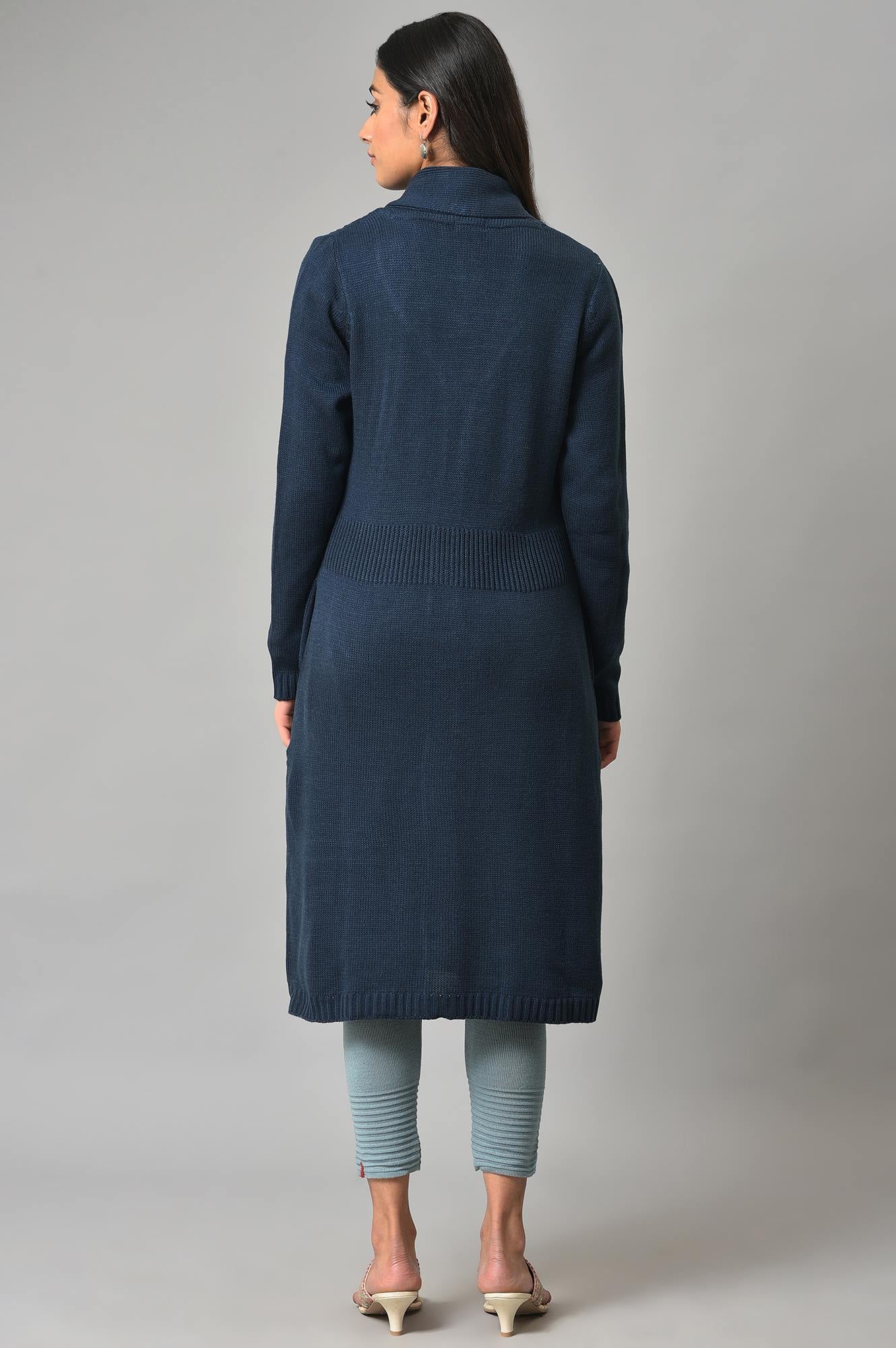 Blue Shawl Collar Knitted Cardigan - Image 2