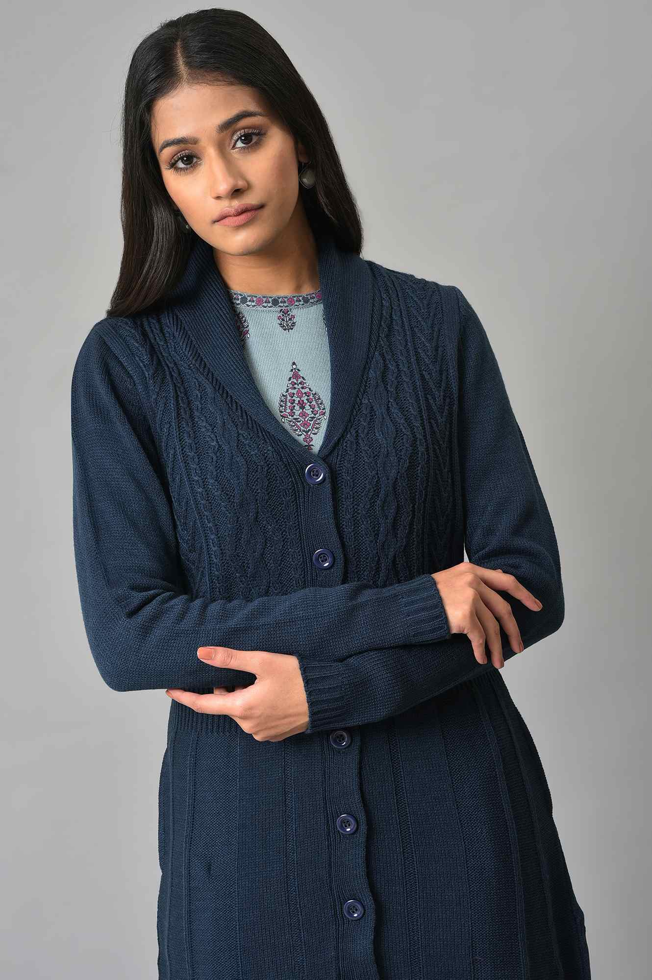 Blue Shawl Collar Knitted Cardigan - Image 5