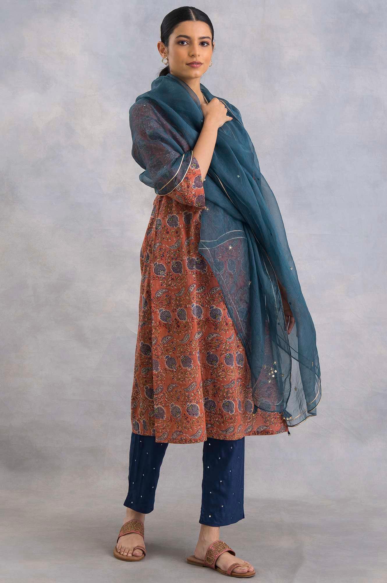 Blue Silk Organza Embroidered Drape - Image 2