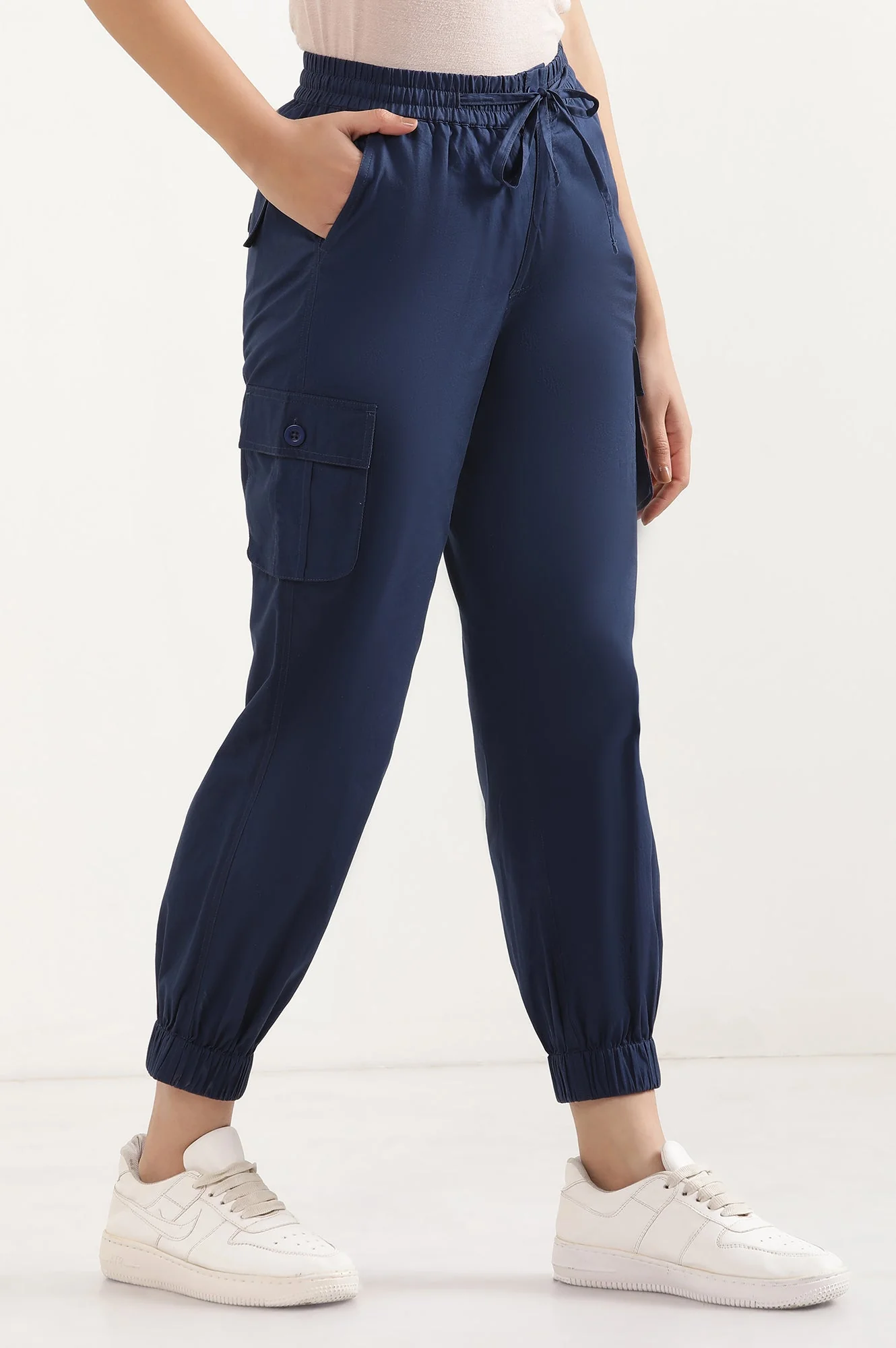 Navy Blue Solid Tapered Cotton Pants with Drawstring - Image 5