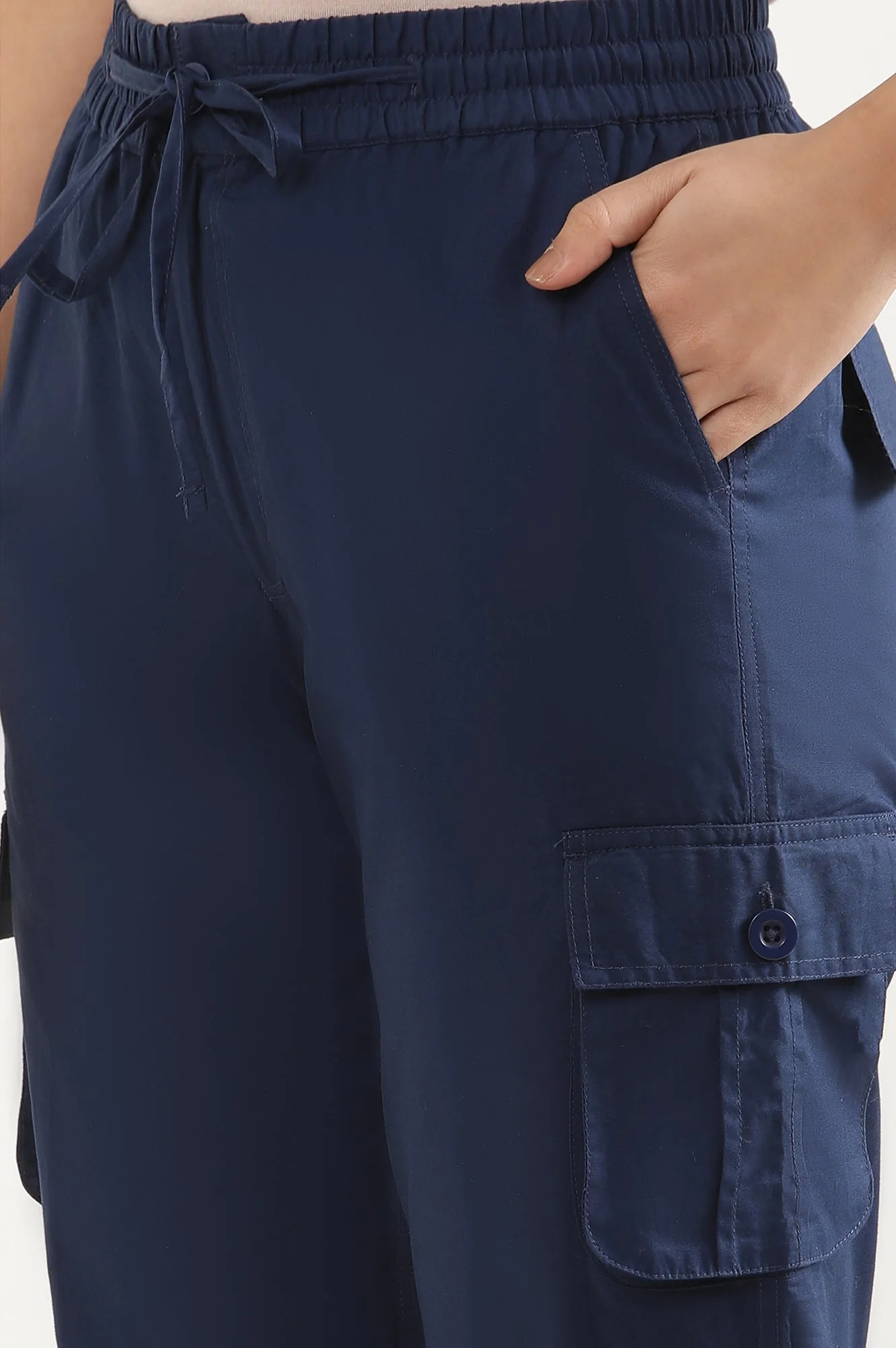 Navy Blue Solid Tapered Cotton Pants with Drawstring - Image 7