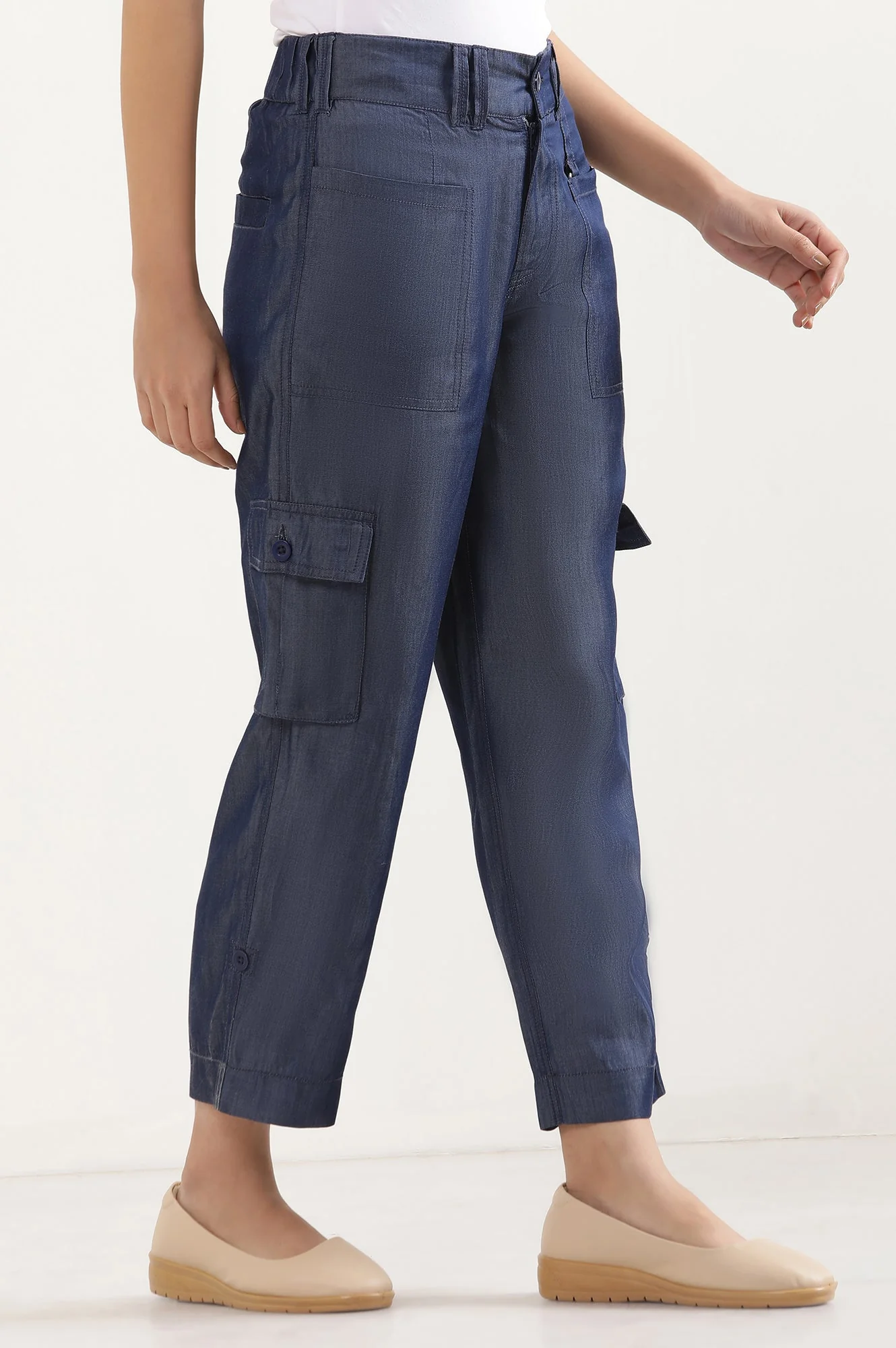 Blue Solid Straight Fit Lyocell Pants With Six Pockets - Image 5