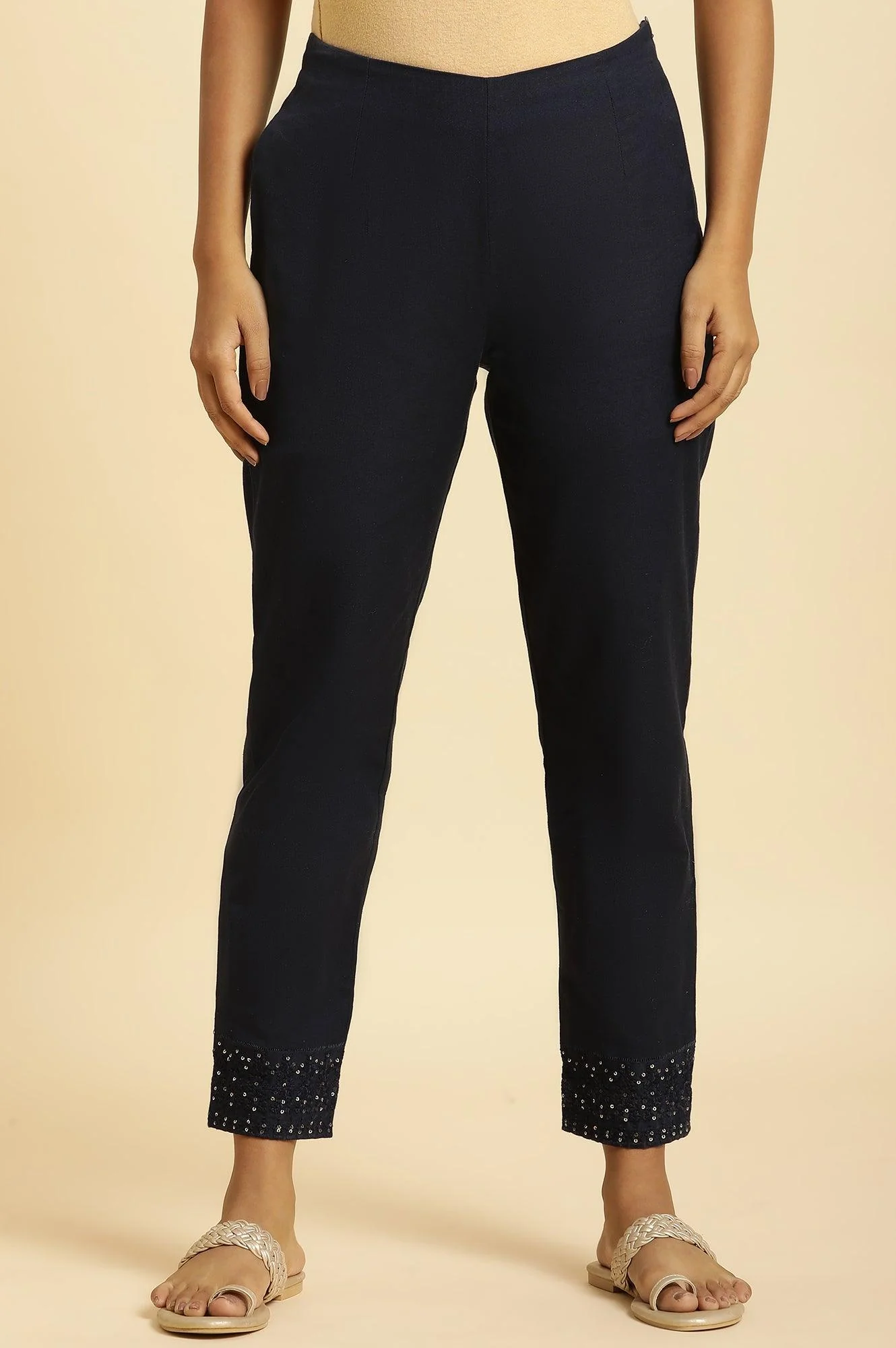 Blue Slim Pants with Embroidered Hem