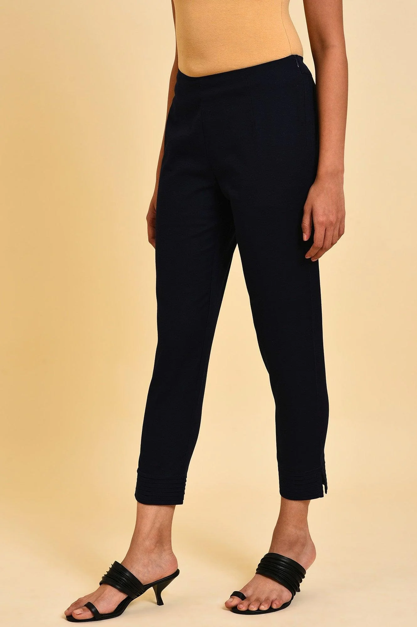 Blue Slim Pants With Pleats At Hemline - Image 3