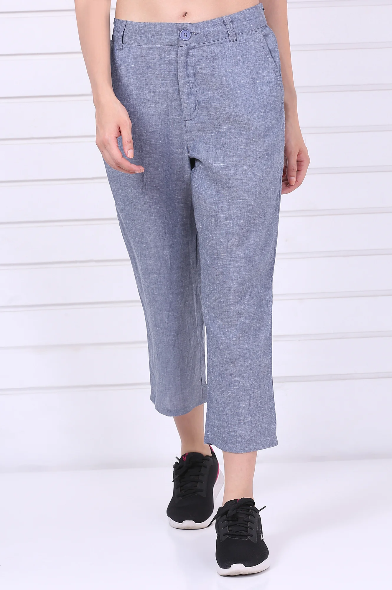 Blue Solid Ankle Length Denim Linen Pants with YKK Zipper - Image 2