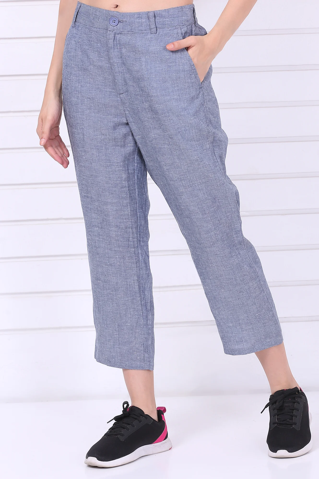 Blue Solid Ankle Length Denim Linen Pants with YKK Zipper - Image 3