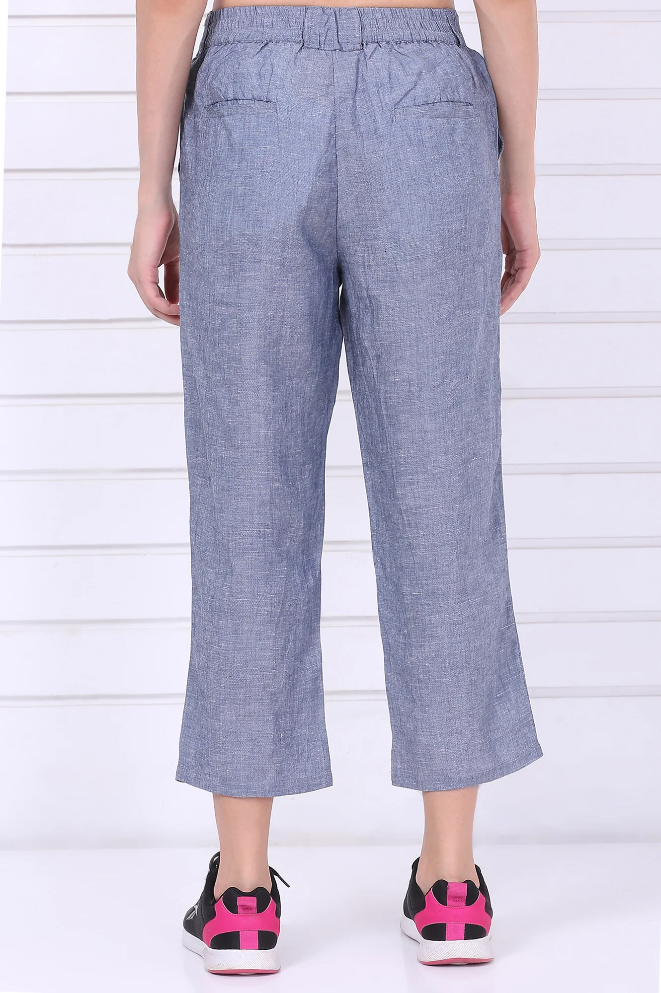 Blue Solid Ankle Length Denim Linen Pants with YKK Zipper - Image 4