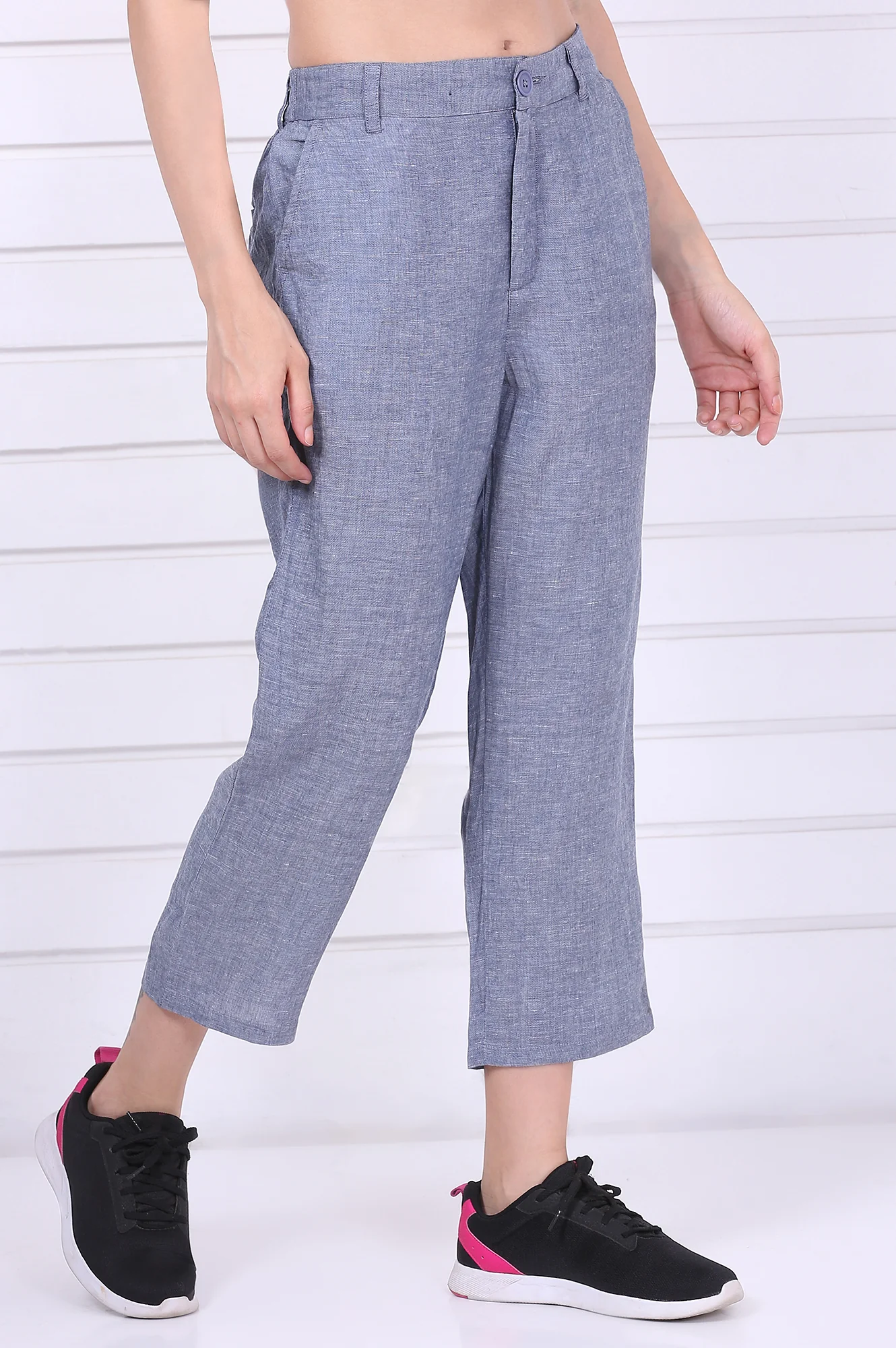 Blue Solid Ankle Length Denim Linen Pants with YKK Zipper - Image 5