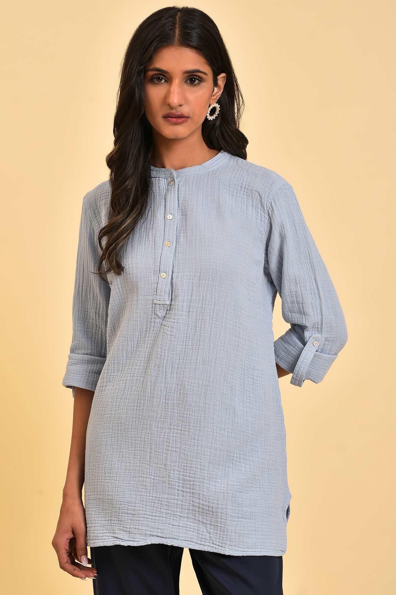Blue Solid Cotton Casual Top