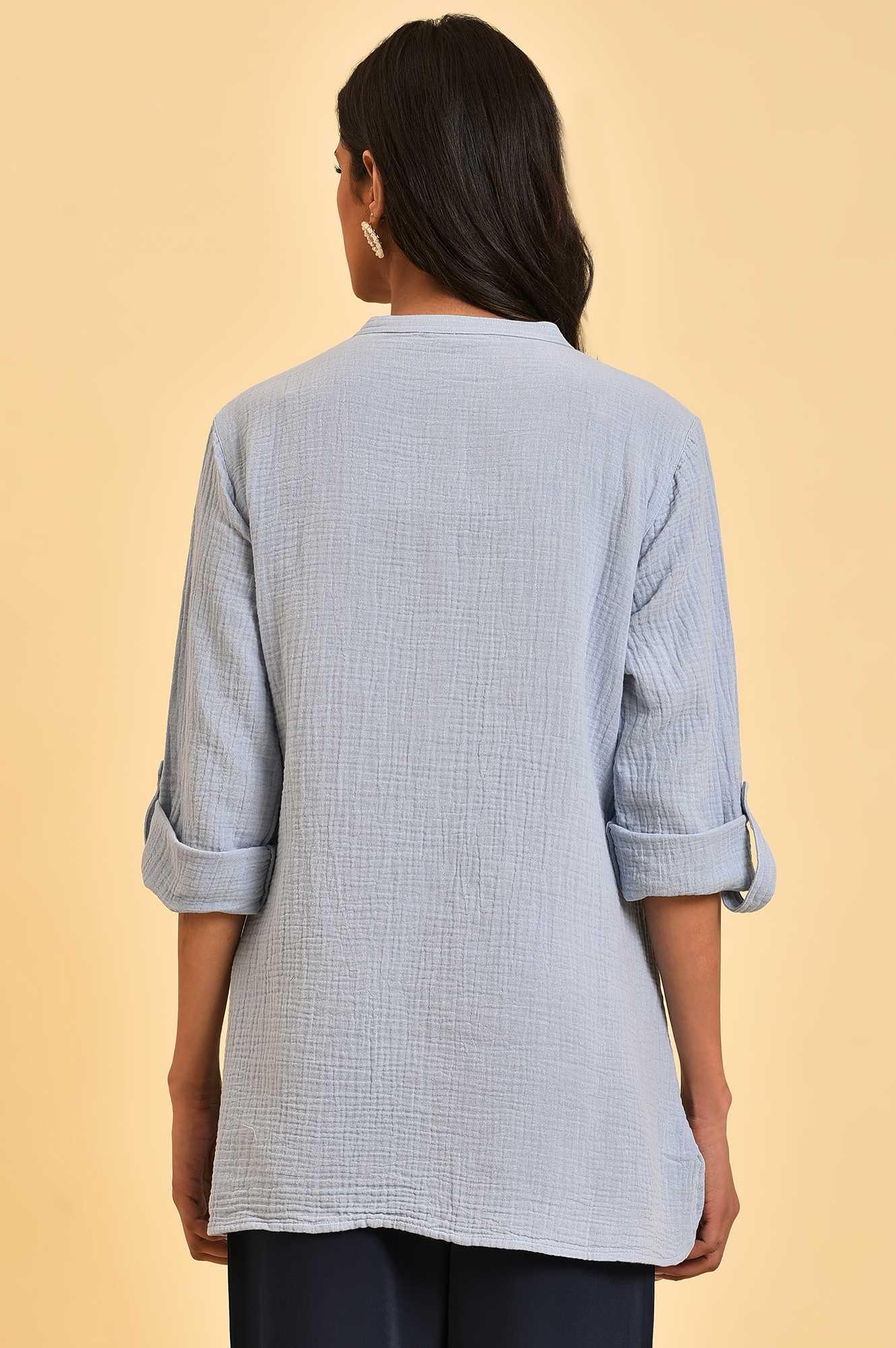 Blue Solid Cotton Casual Top - Image 2