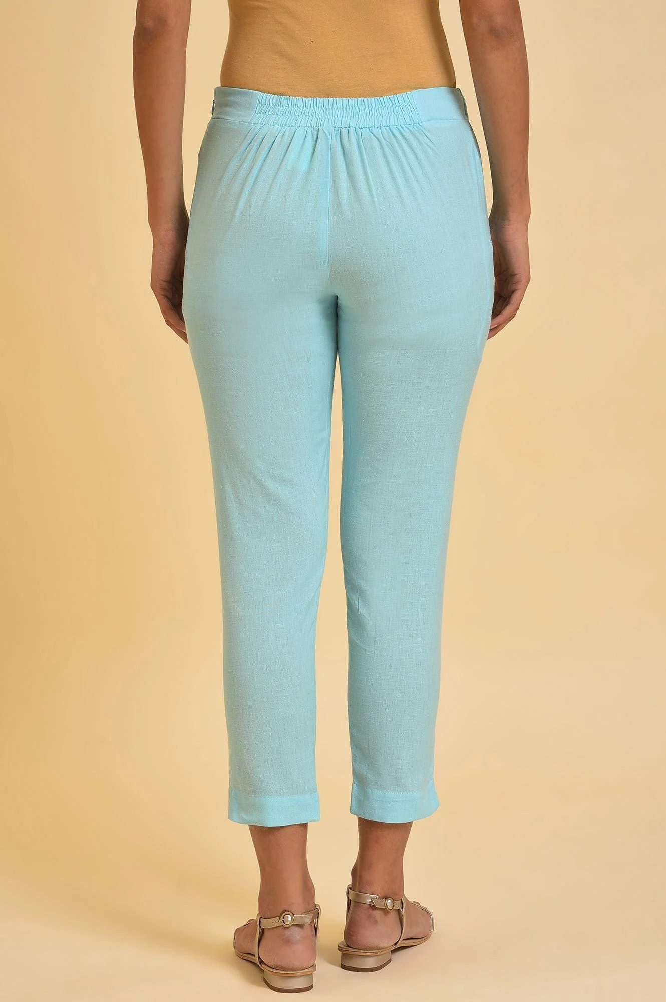 Blue Solid Cotton Flax Slim Pants - Image 2