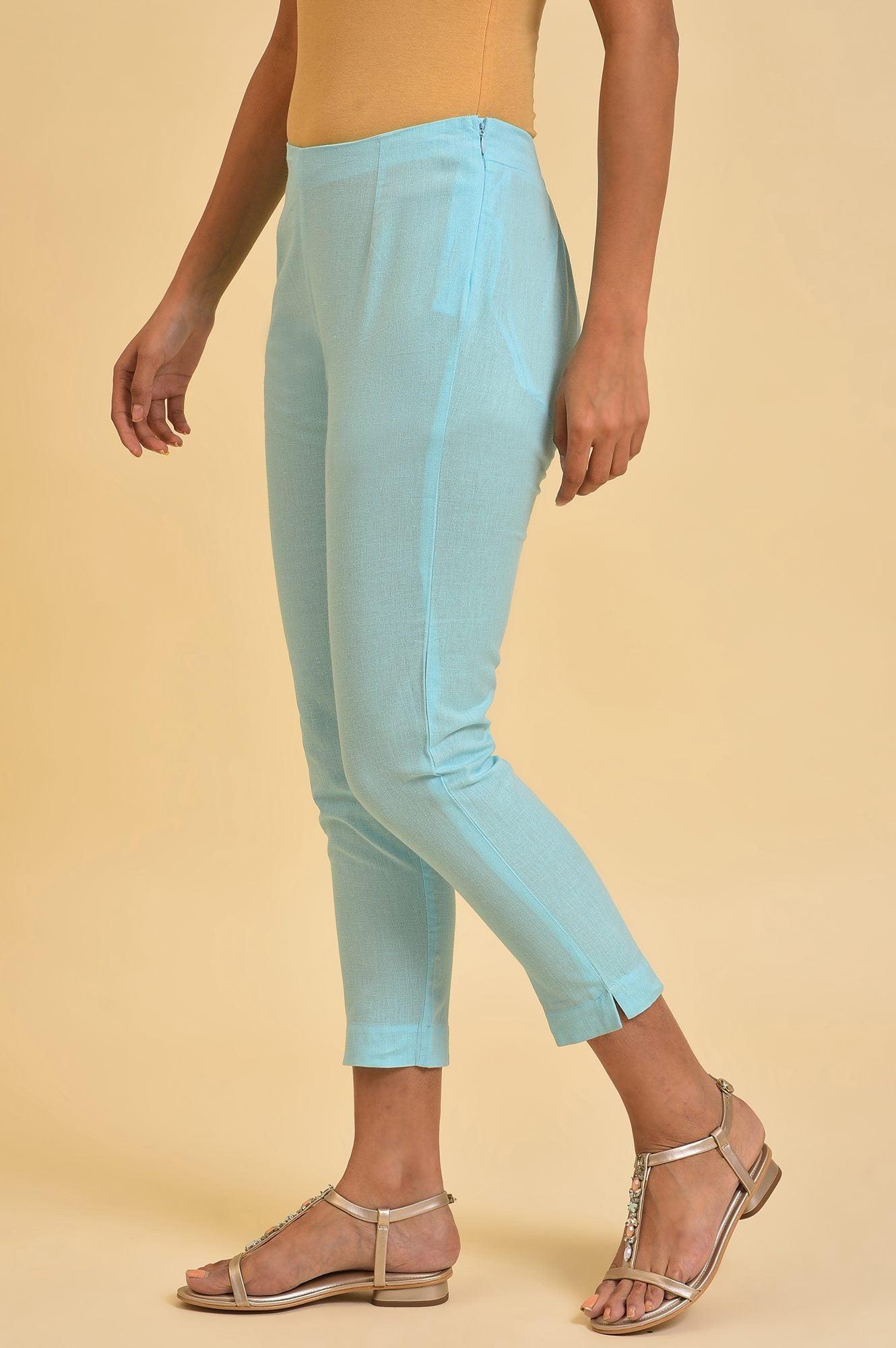 Blue Solid Cotton Flax Slim Pants - Image 3
