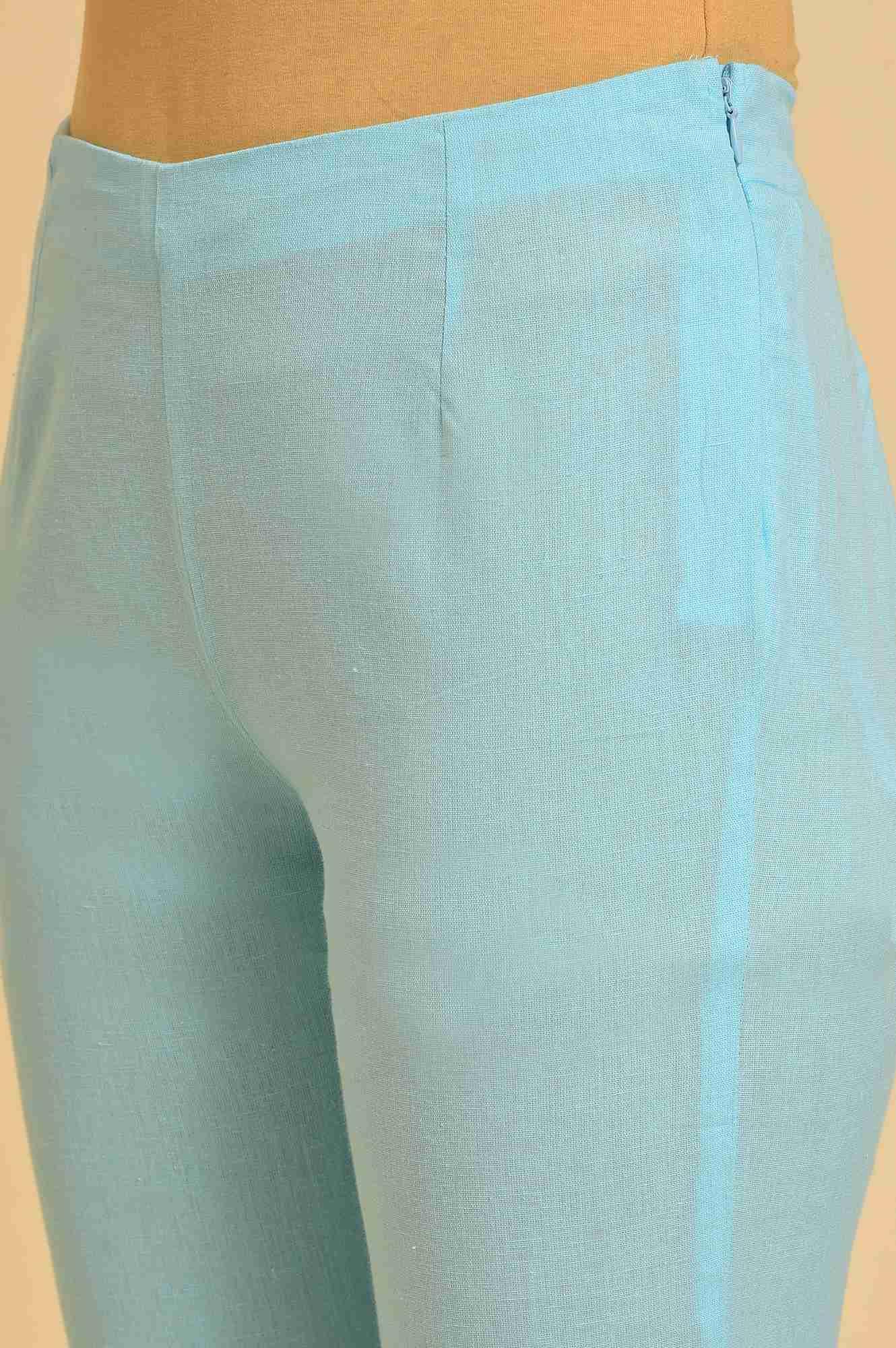 Blue Solid Cotton Flax Slim Pants - Image 7