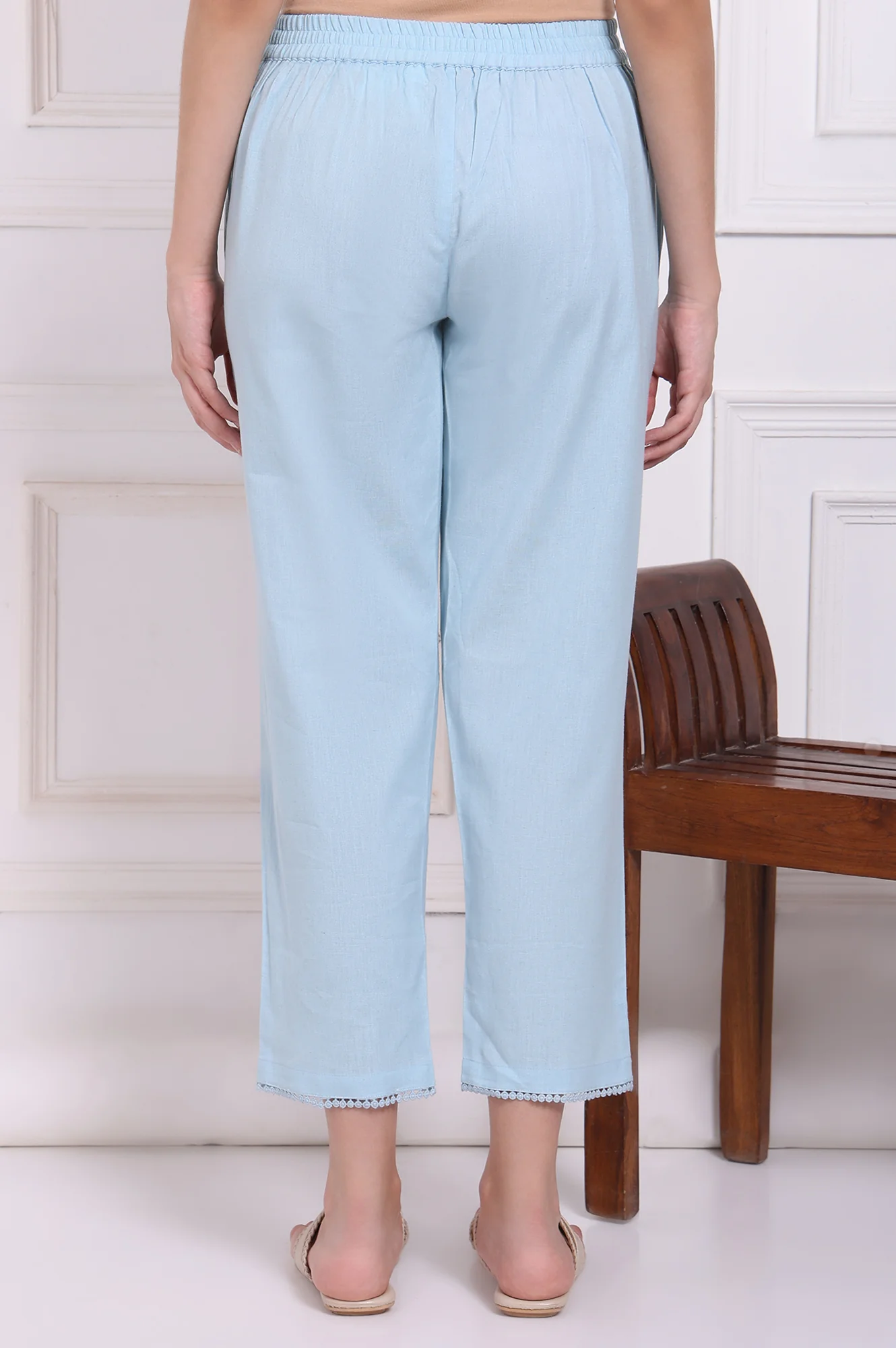 Blue Solid Cotton Flax Straight Pants with Lace - Image 4