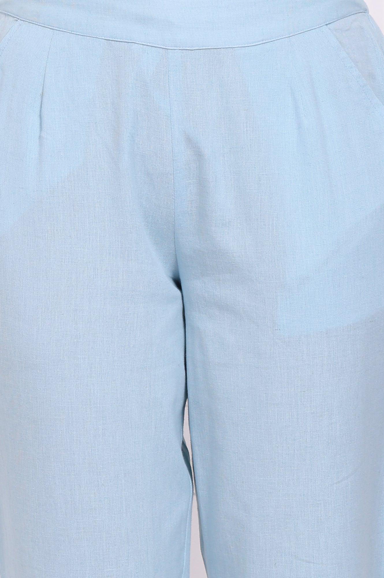 Blue Solid Cotton Flax Straight Pants with Lace - Image 6