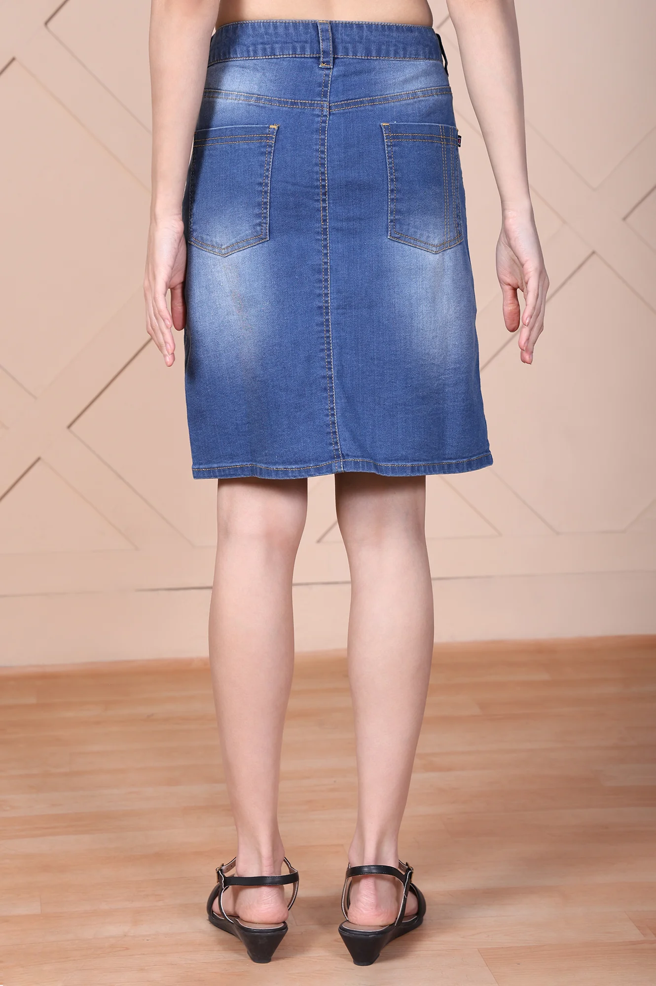 Blue Solid Denim Lycra Mid Thigh Skirt - Image 4