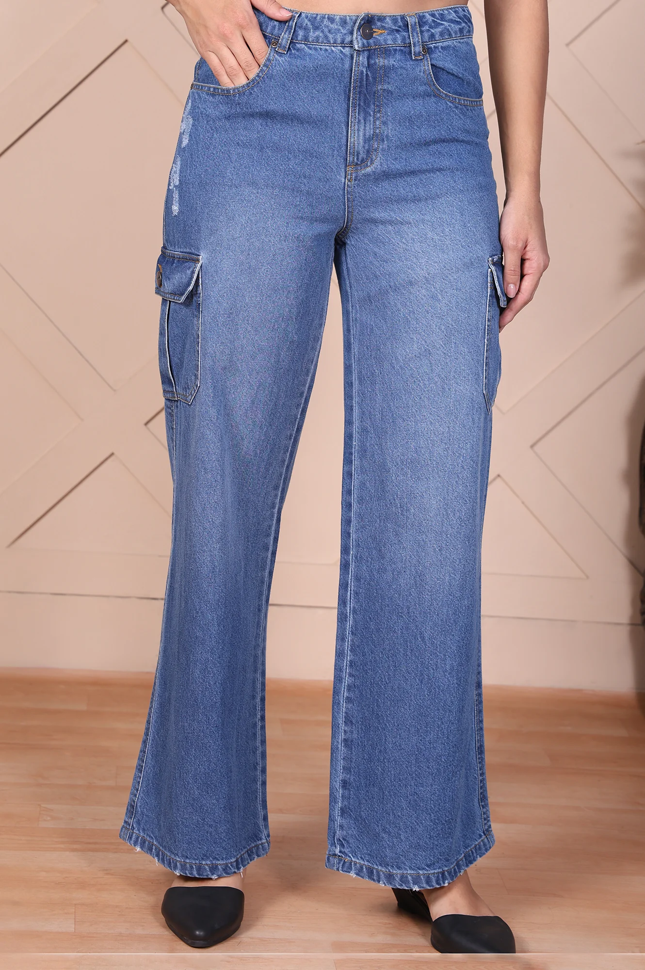 Blue Solid Denim Relaxed Fit Cargo - Image 2