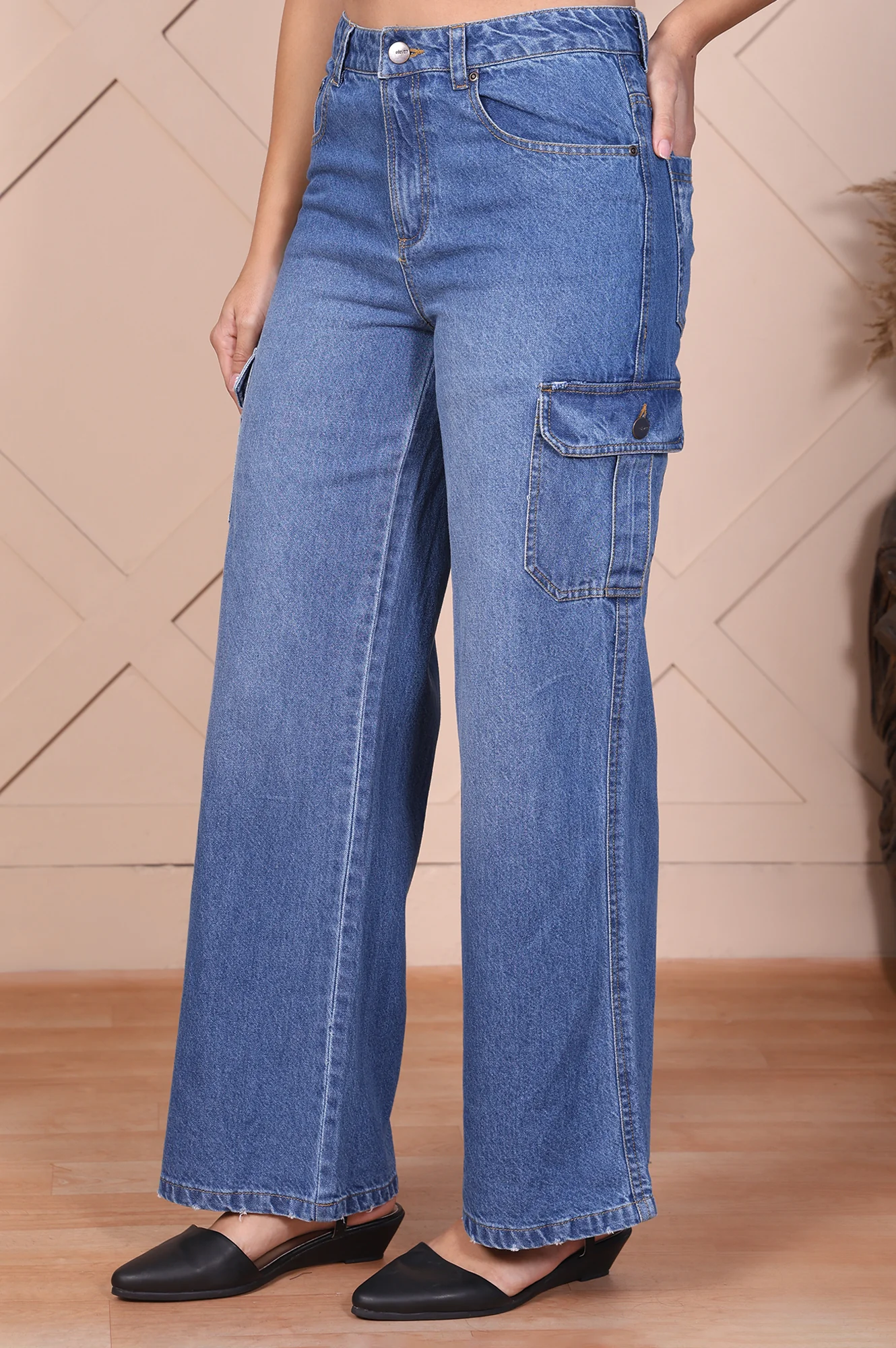Blue Solid Denim Relaxed Fit Cargo - Image 3