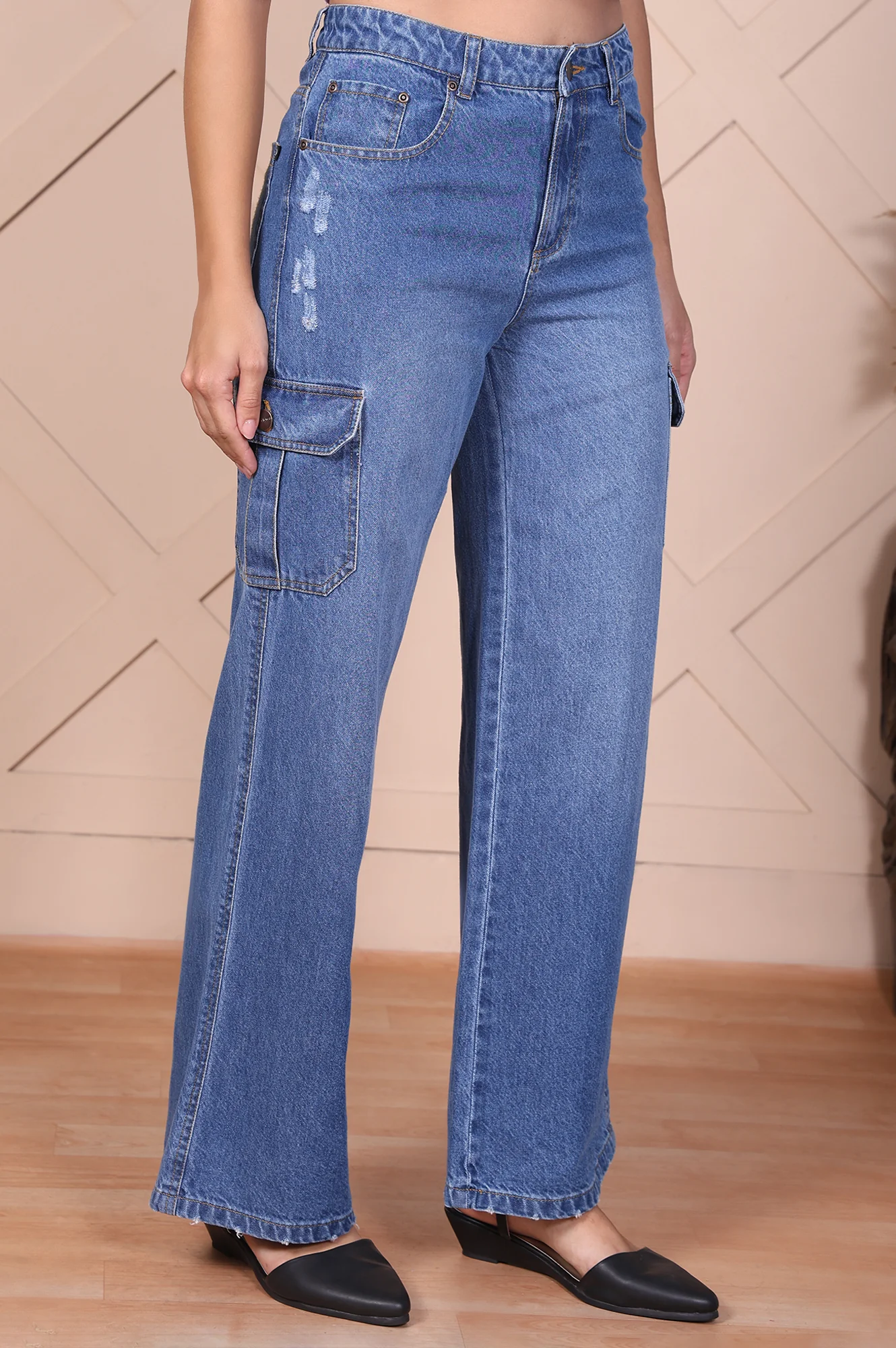 Blue Solid Denim Relaxed Fit Cargo - Image 4