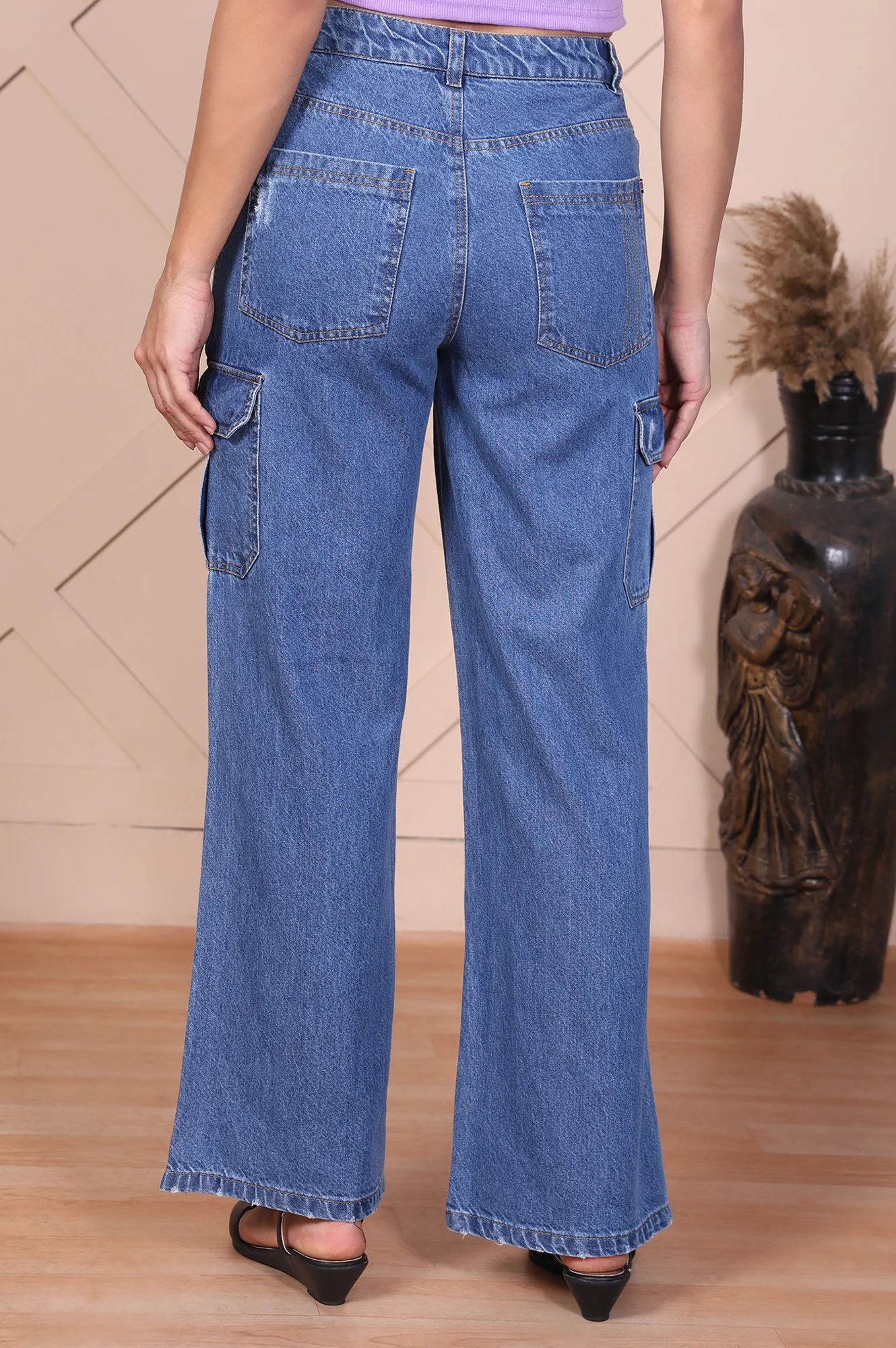 Blue Solid Denim Relaxed Fit Cargo - Image 5