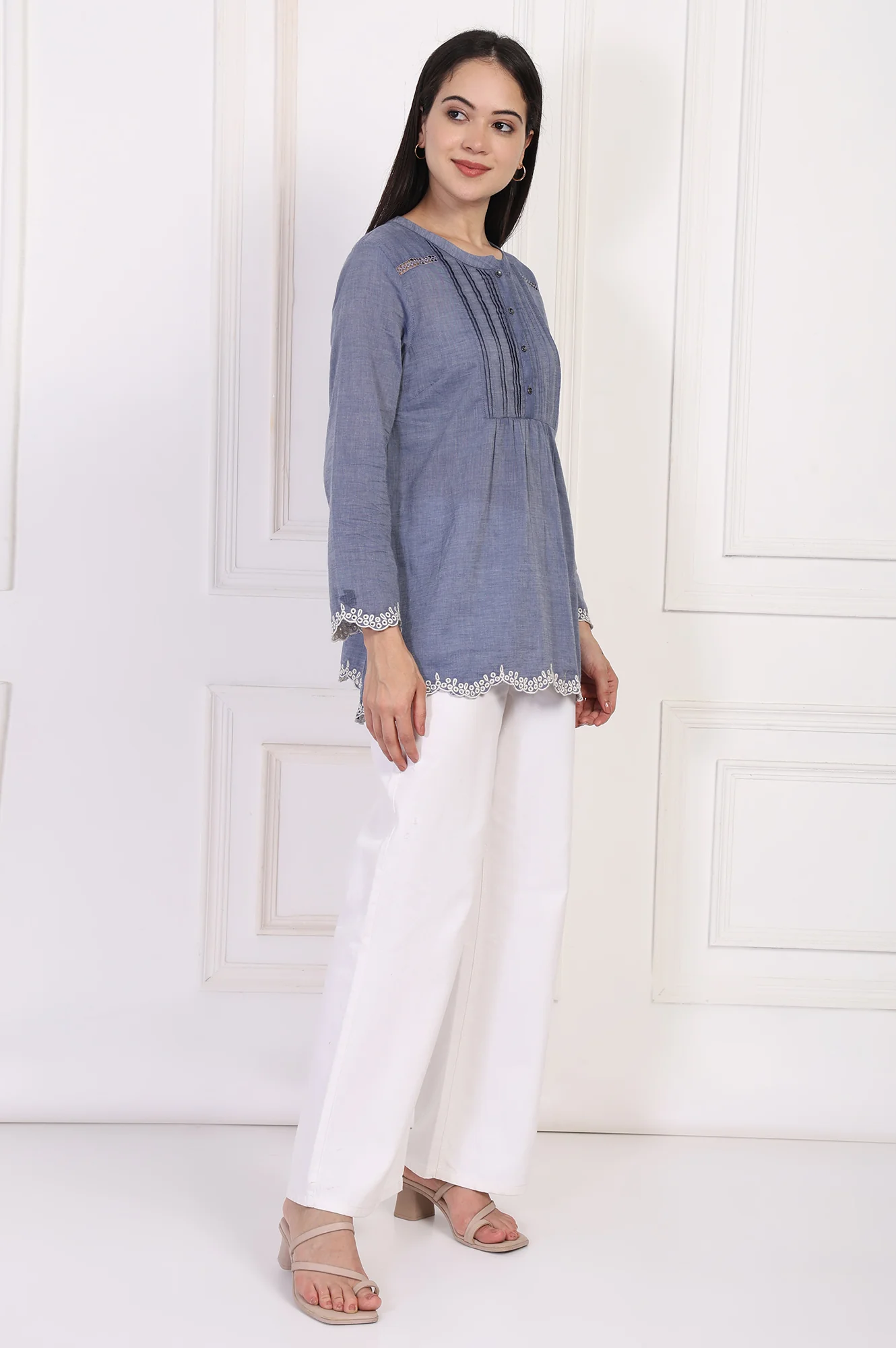 Blue Solid Embroidered Flared Cotton Top - Image 6