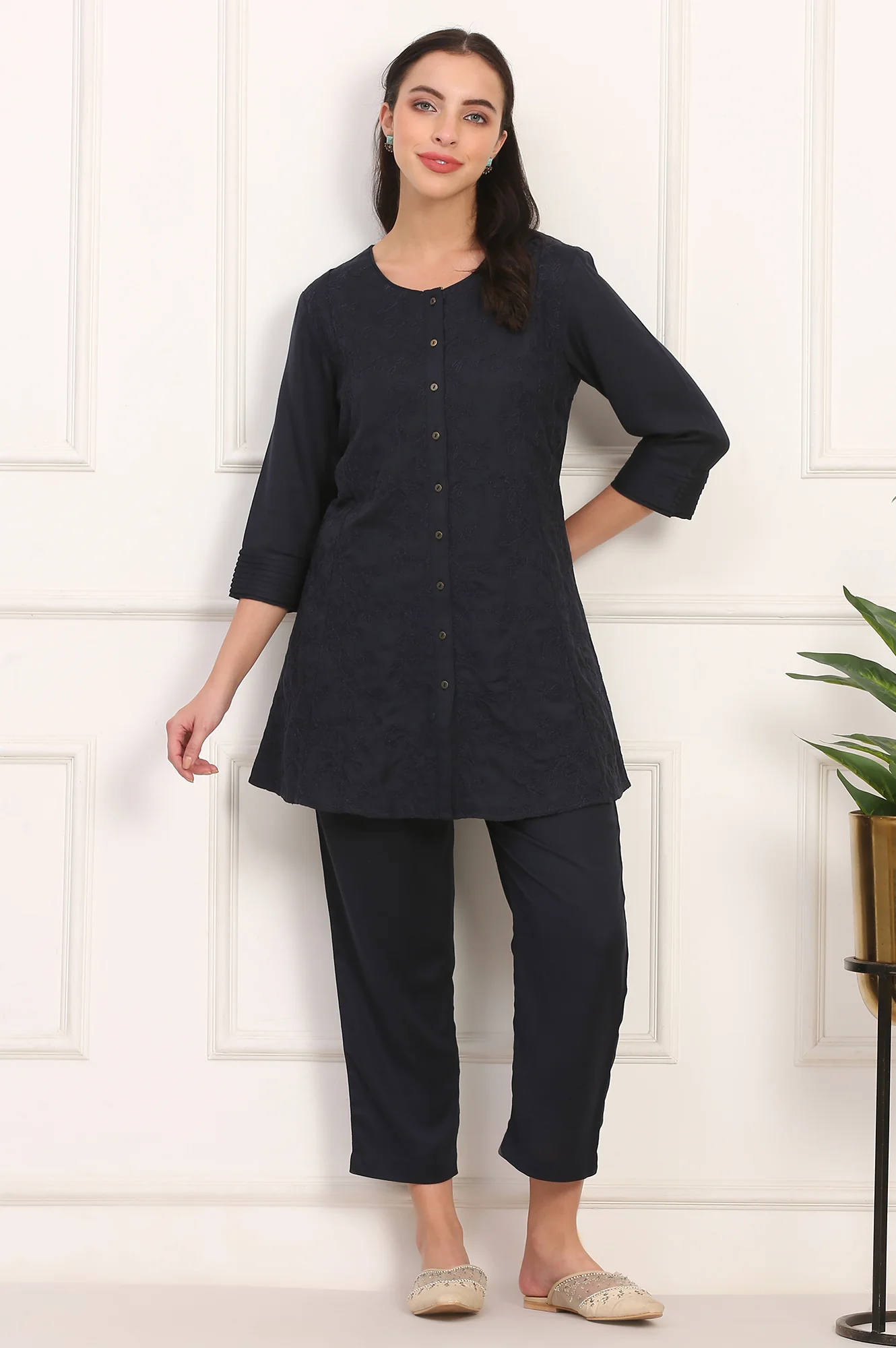 Blue Solid Embroidered Rayon Flax A-line Tunic and Straight Pants Co-ord Set - Image 2