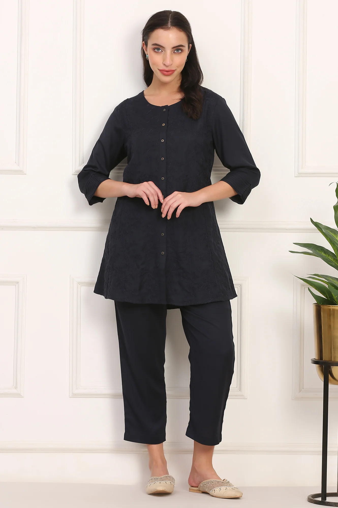 Blue Solid Embroidered Rayon Flax A-line Tunic and Straight Pants Co-ord Set - Image 3