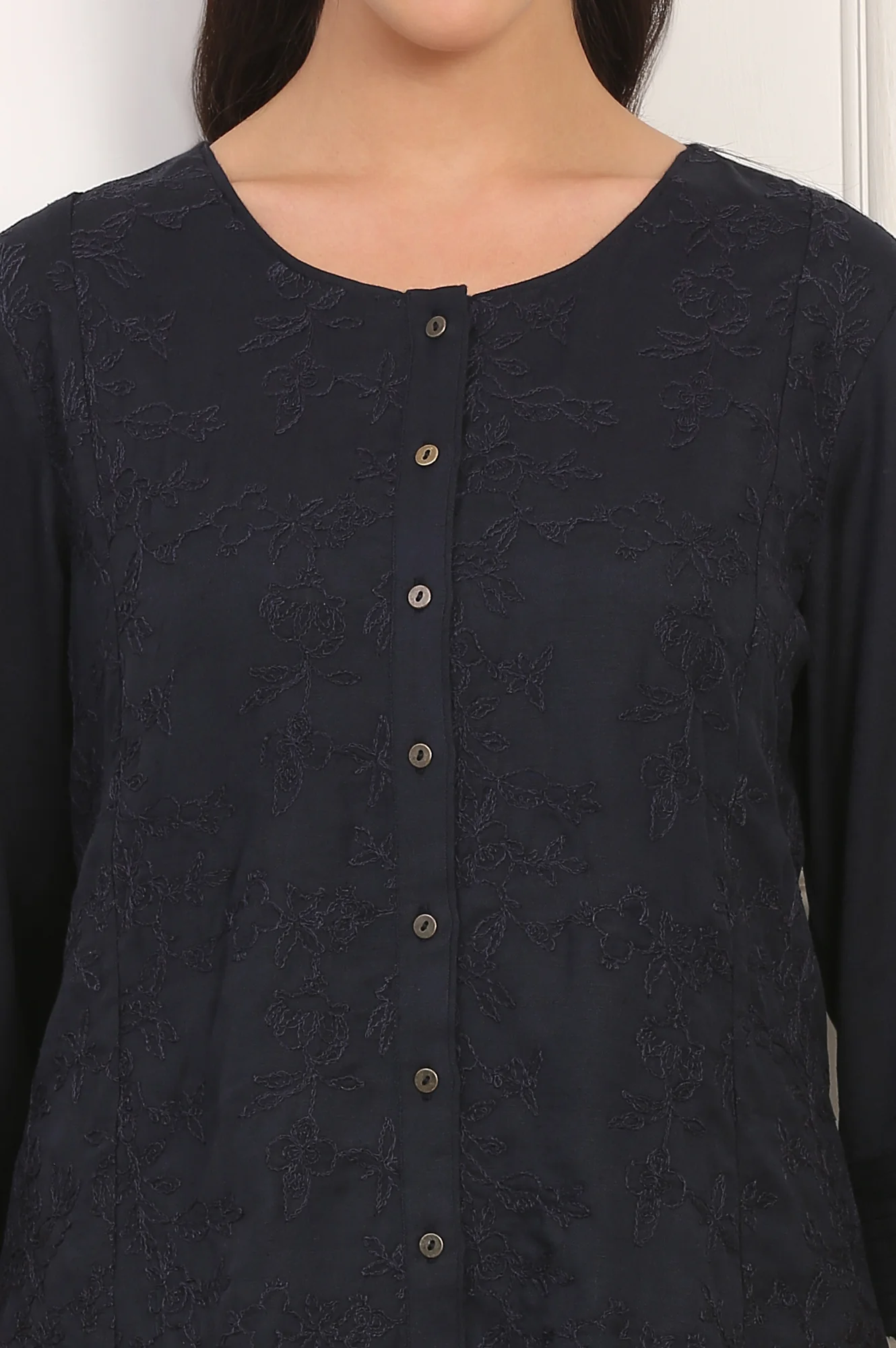 Blue Solid Embroidered Rayon Flax A-line Tunic and Straight Pants Co-ord Set - Image 4