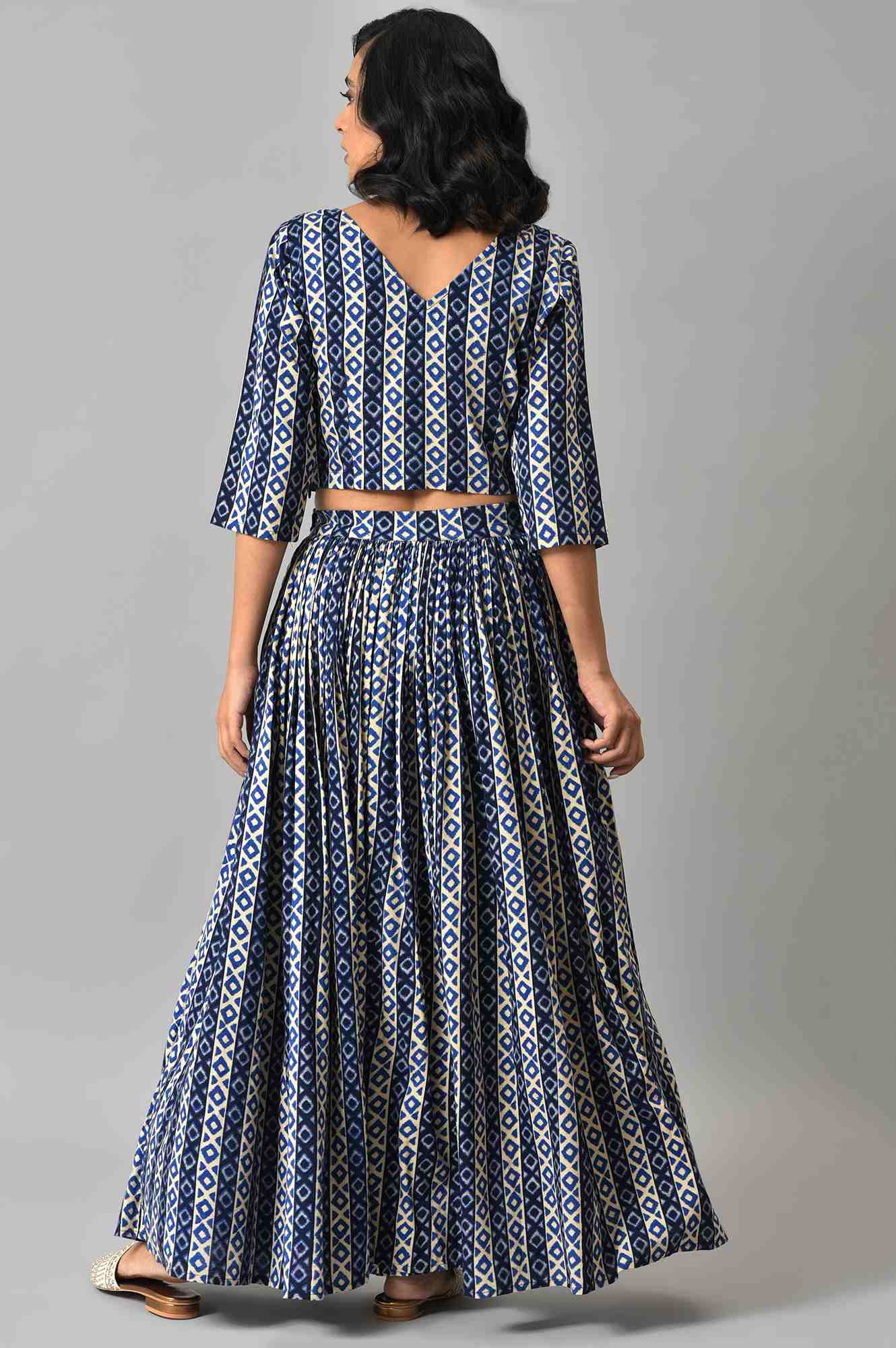 Blue Solid Cape with Ikkat Printed Crop Top and Skirt Co-ord Set - Image 9