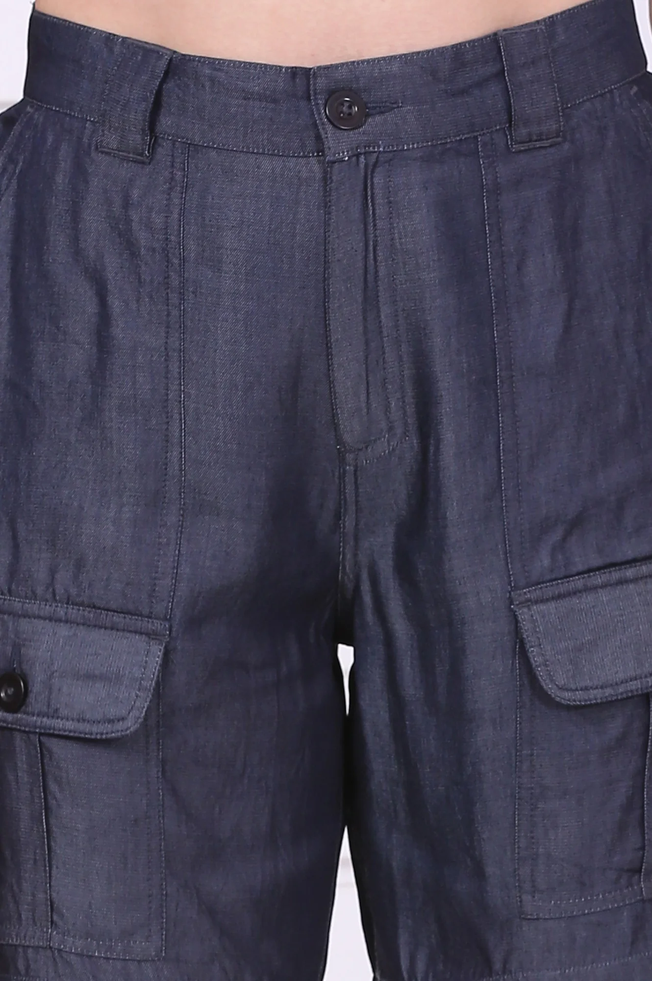 Blue Solid Mid Thigh Linen Shorts with YKK Zipper - Image 6