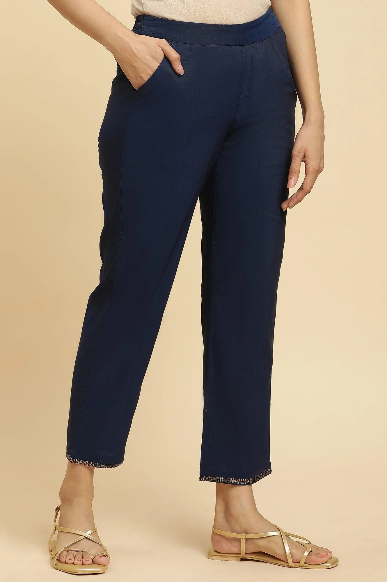 Blue Solid Pants With Metallic Sequin Hemline - Image 2