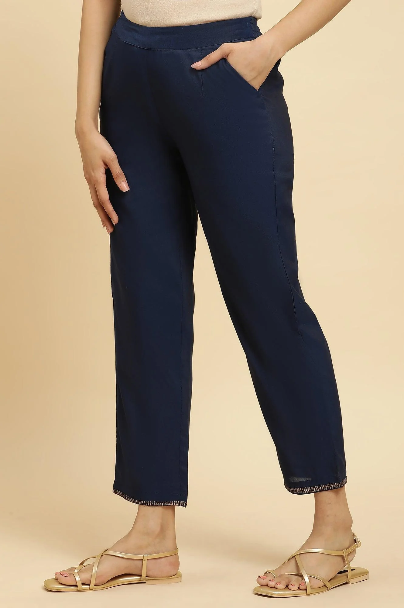 Blue Solid Pants With Metallic Sequin Hemline - Image 3