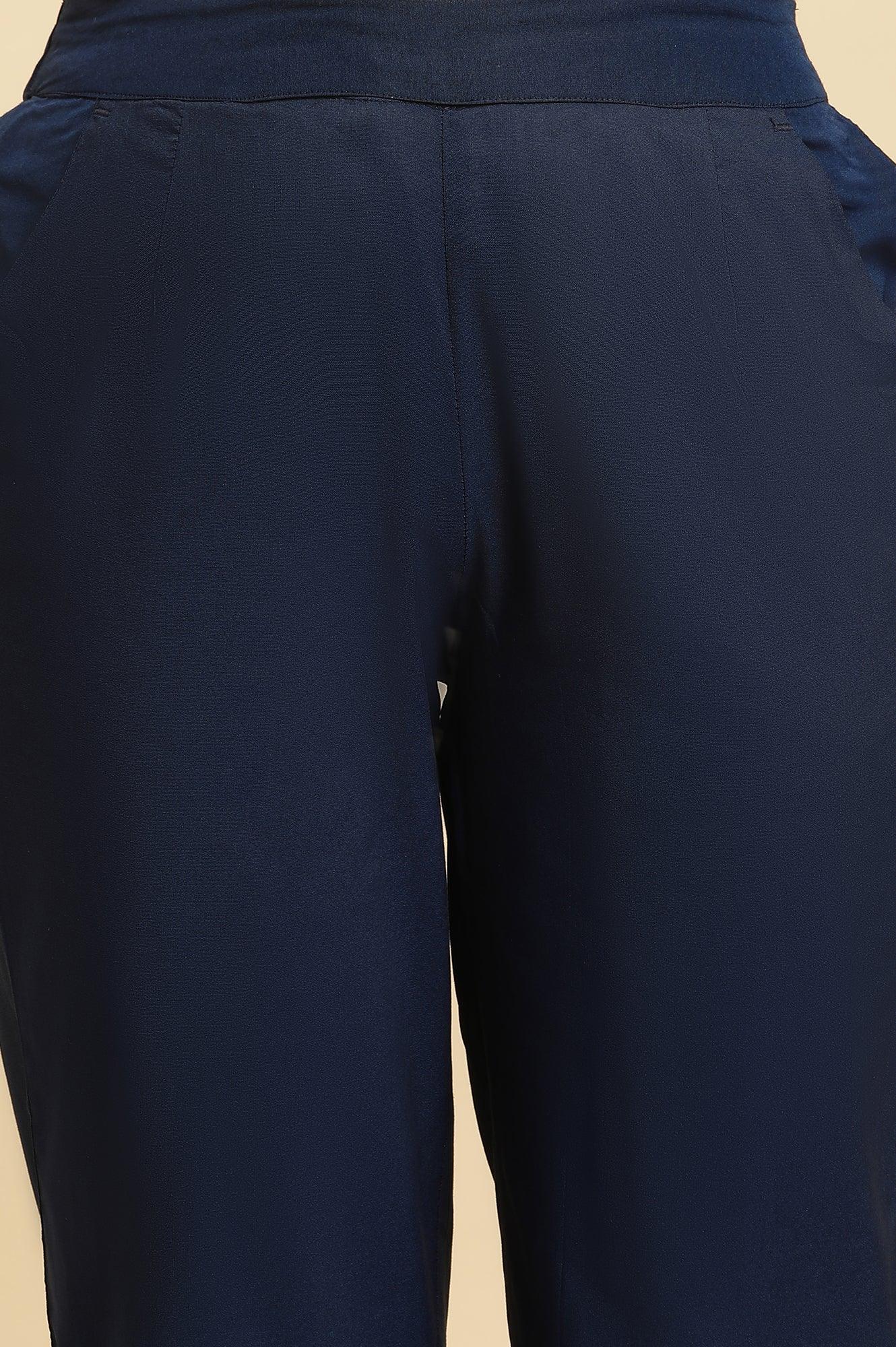 Blue Solid Pants With Metallic Sequin Hemline - Image 6